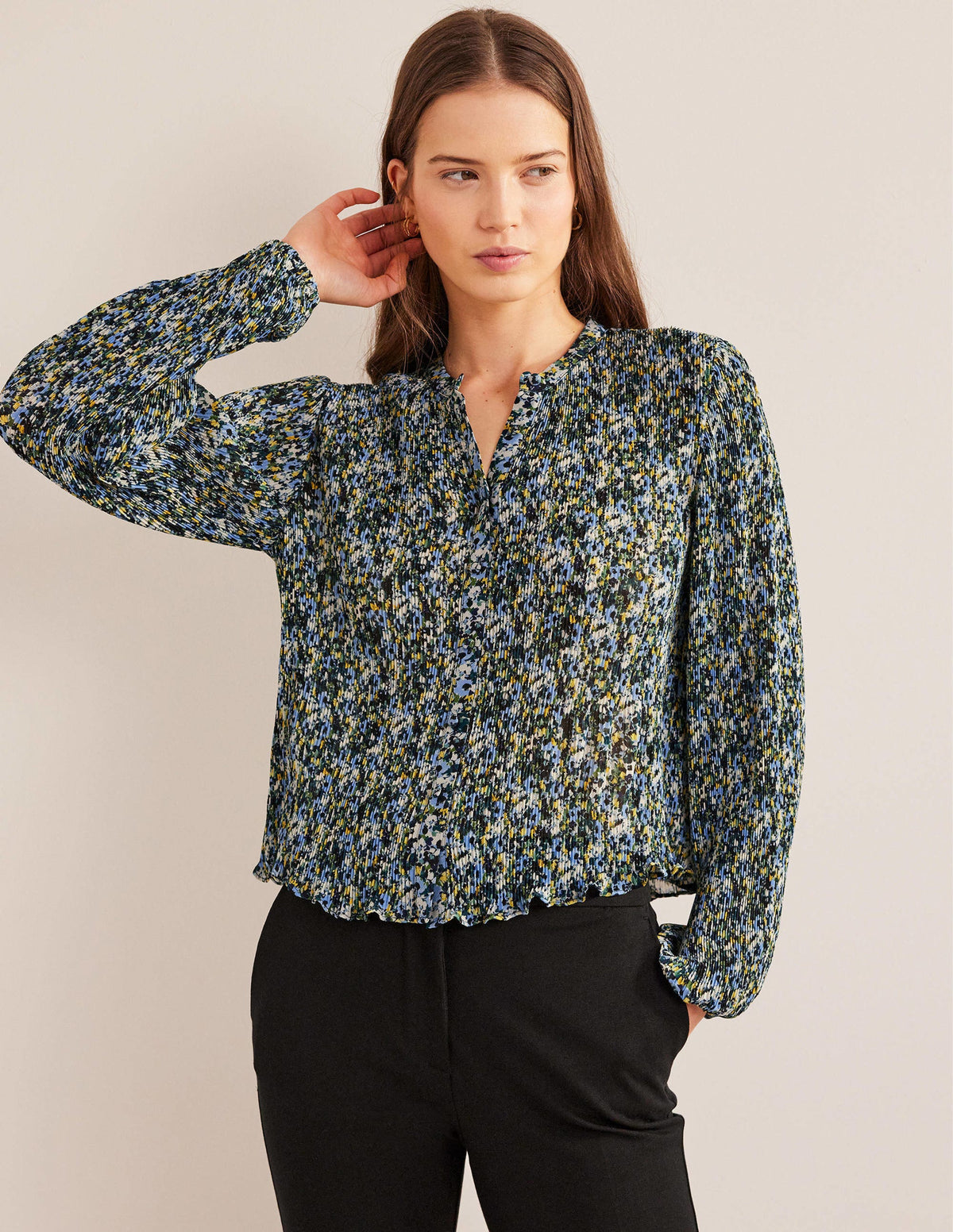 Plisse Pleat Blouse-Linseed, Painterly Floret - Image 1