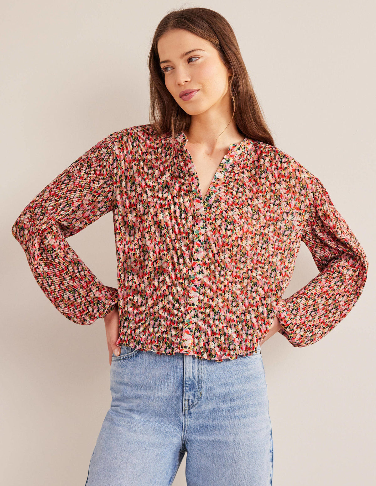 Plisse Pleat Blouse-Multi, Painterly Floret-1