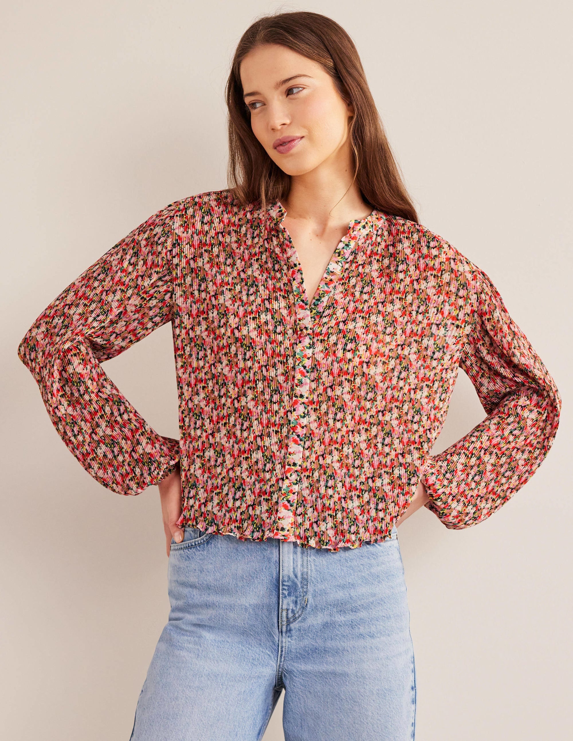 Plisse Pleat Blouse-Multi, Painterly Floret - Image 1