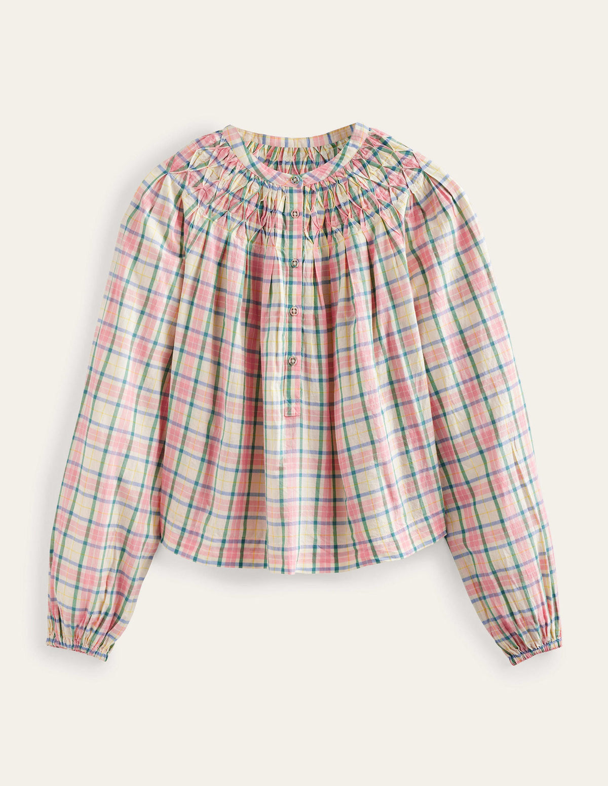 Smocking Detail Blouse-Soft Ivory Check - Image 5