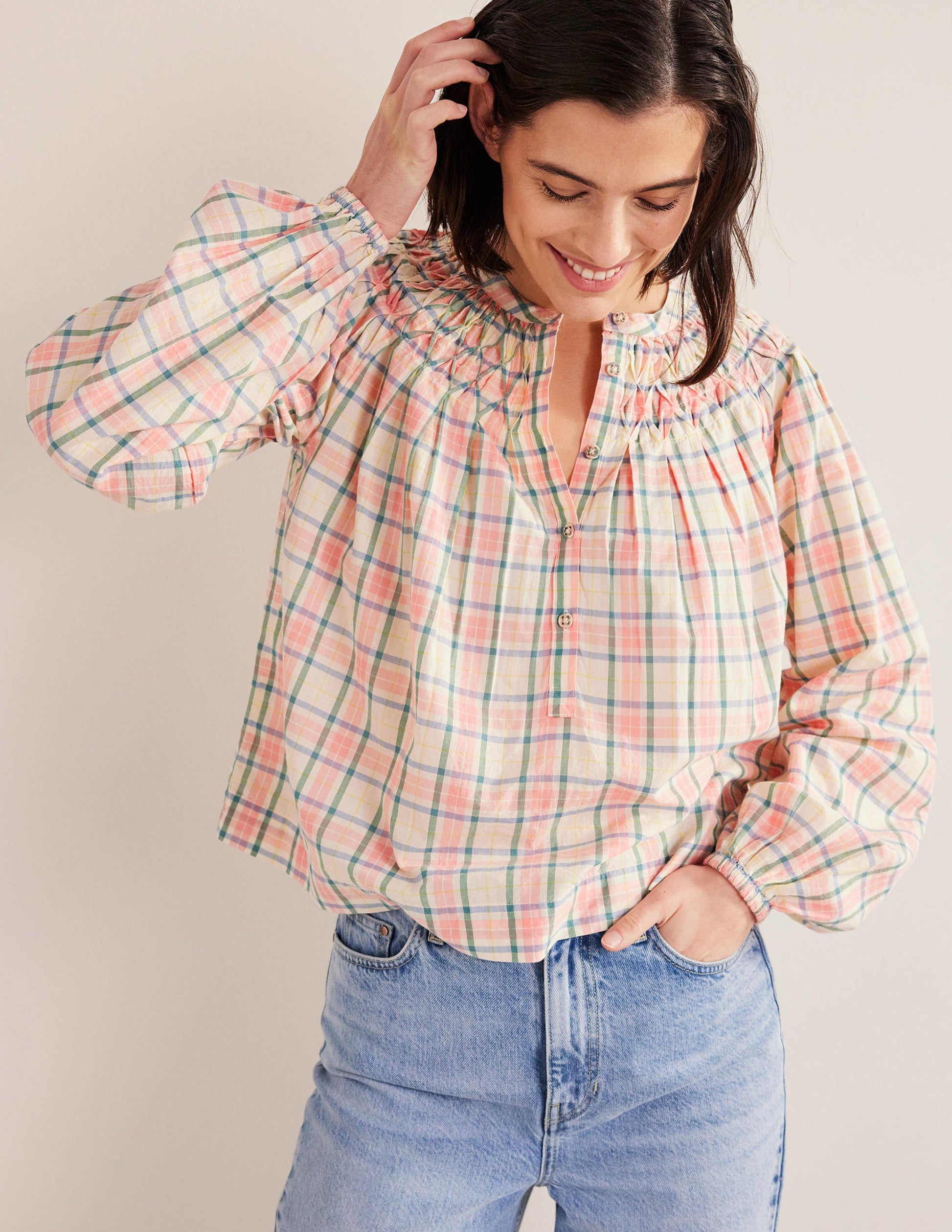 Smocking Detail Blouse-Soft Ivory Check-1