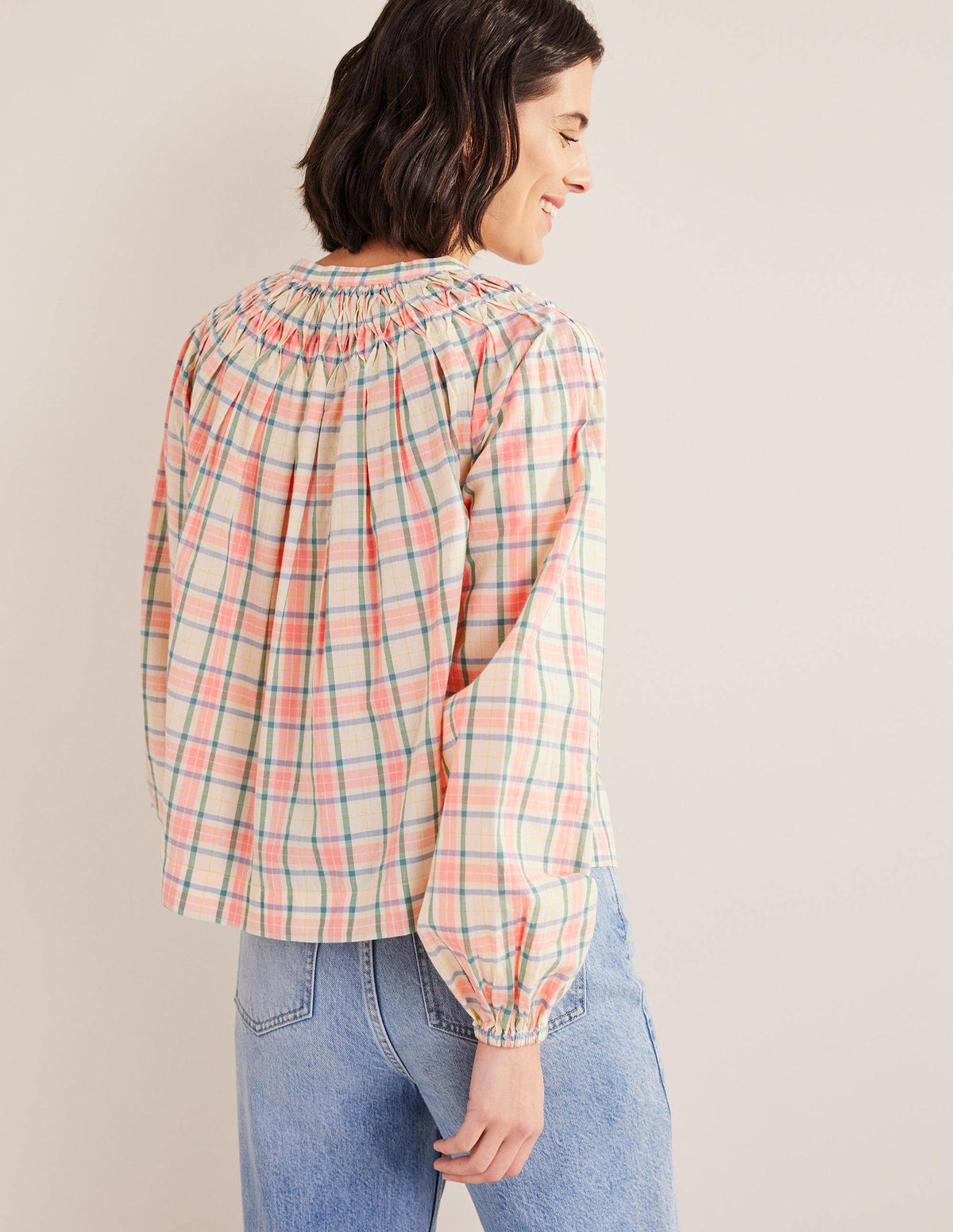 Smocking Detail Blouse-Soft Ivory Check - Image 3