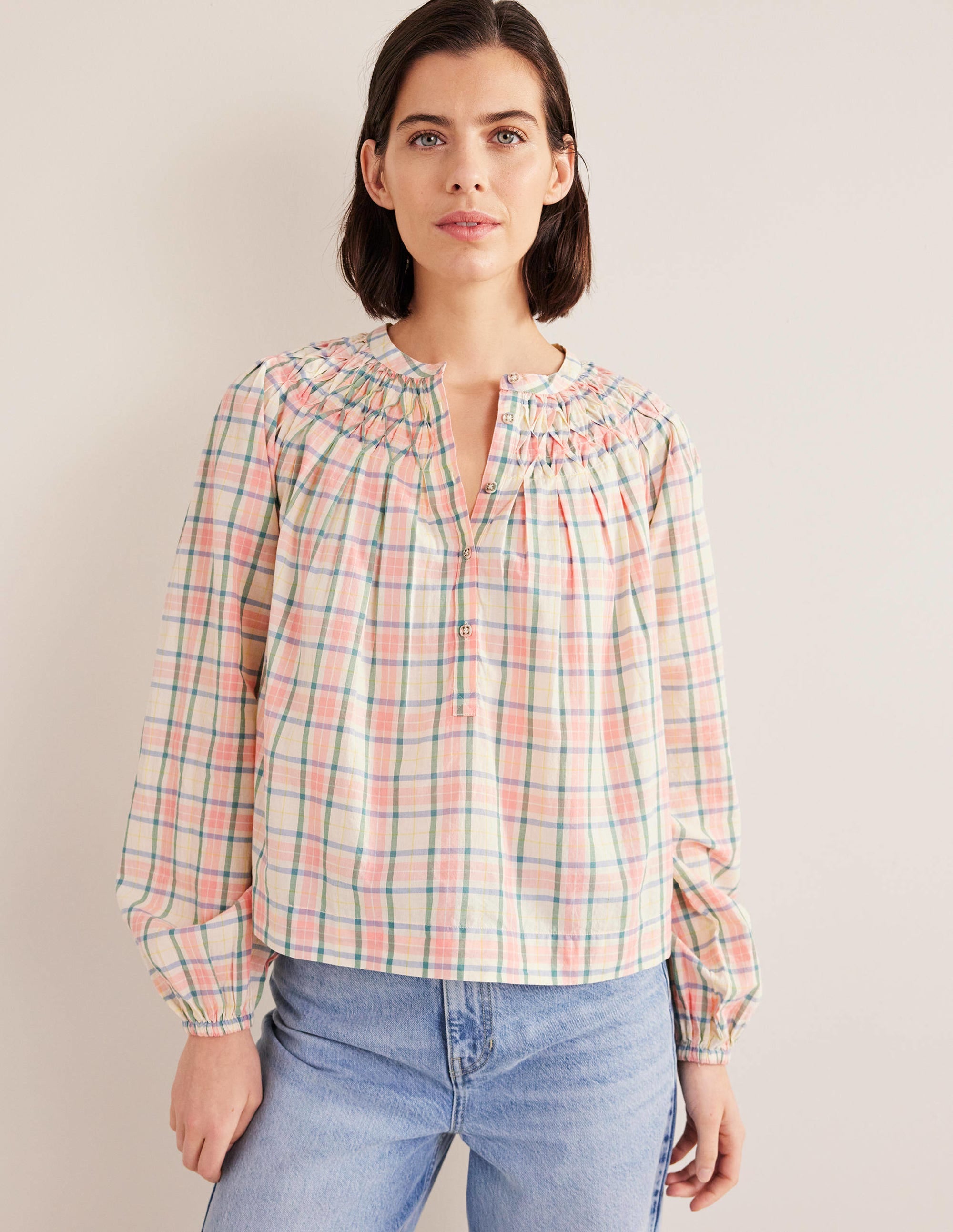 Smocking Detail Blouse-Soft Ivory Check - Image 4