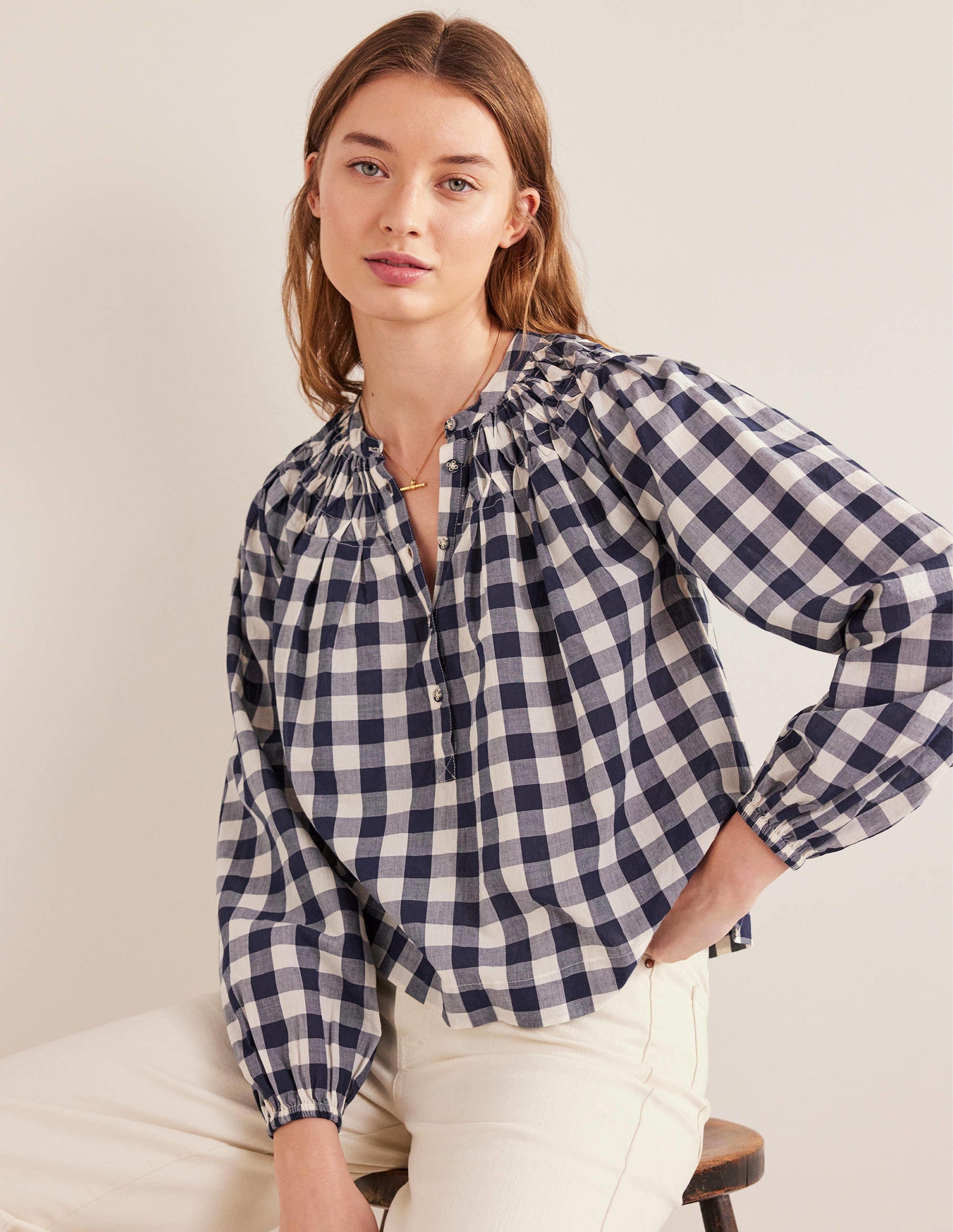 Smocking Detail Blouse-French Navy Gingham-1