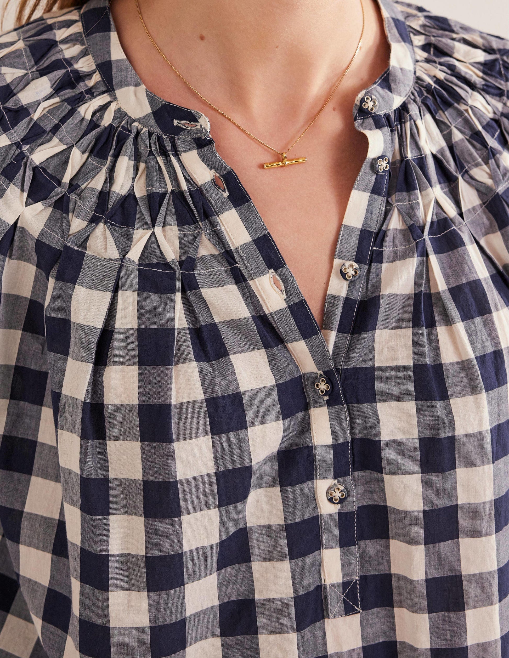 Smocking Detail Blouse-French Navy Gingham-2