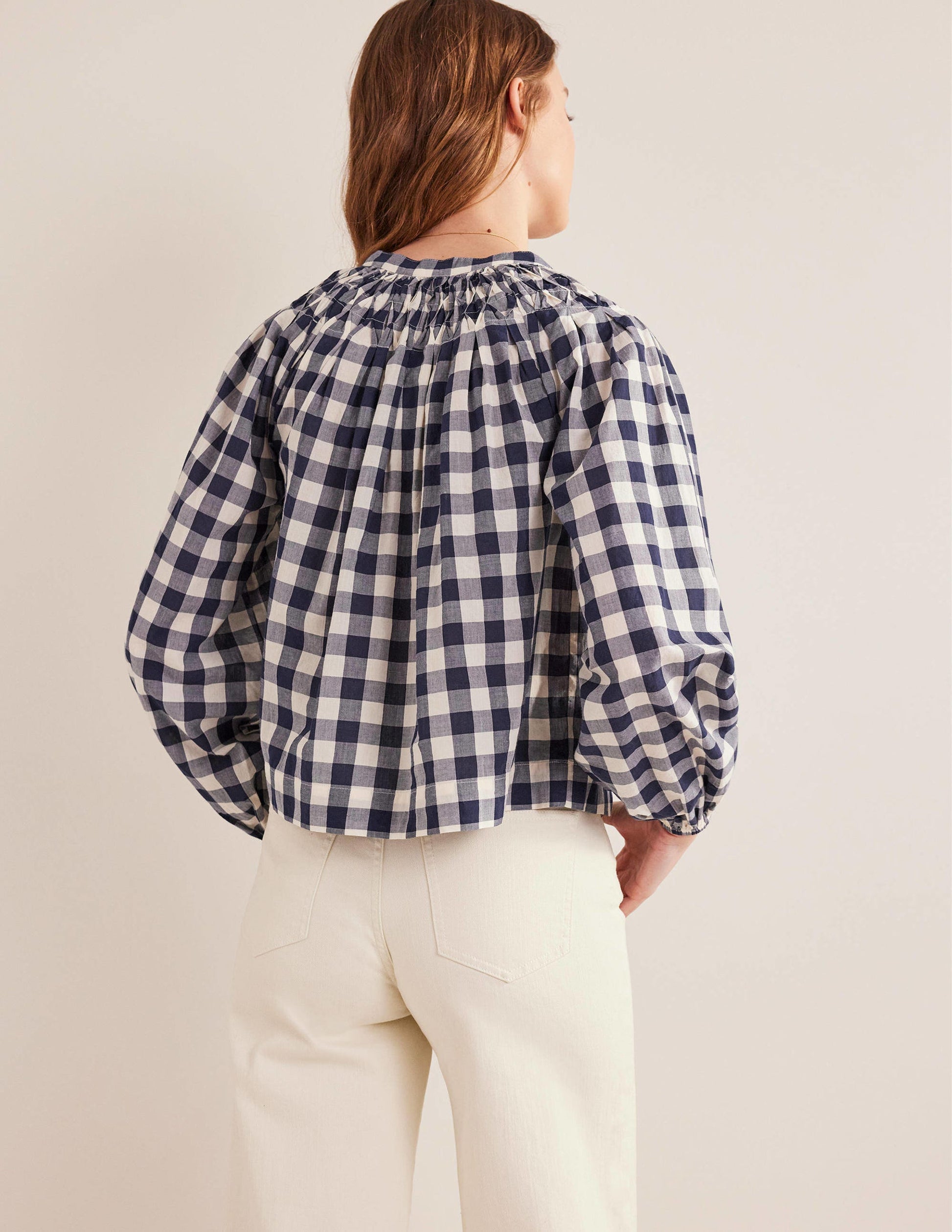 Smocking Detail Blouse-French Navy Gingham-3