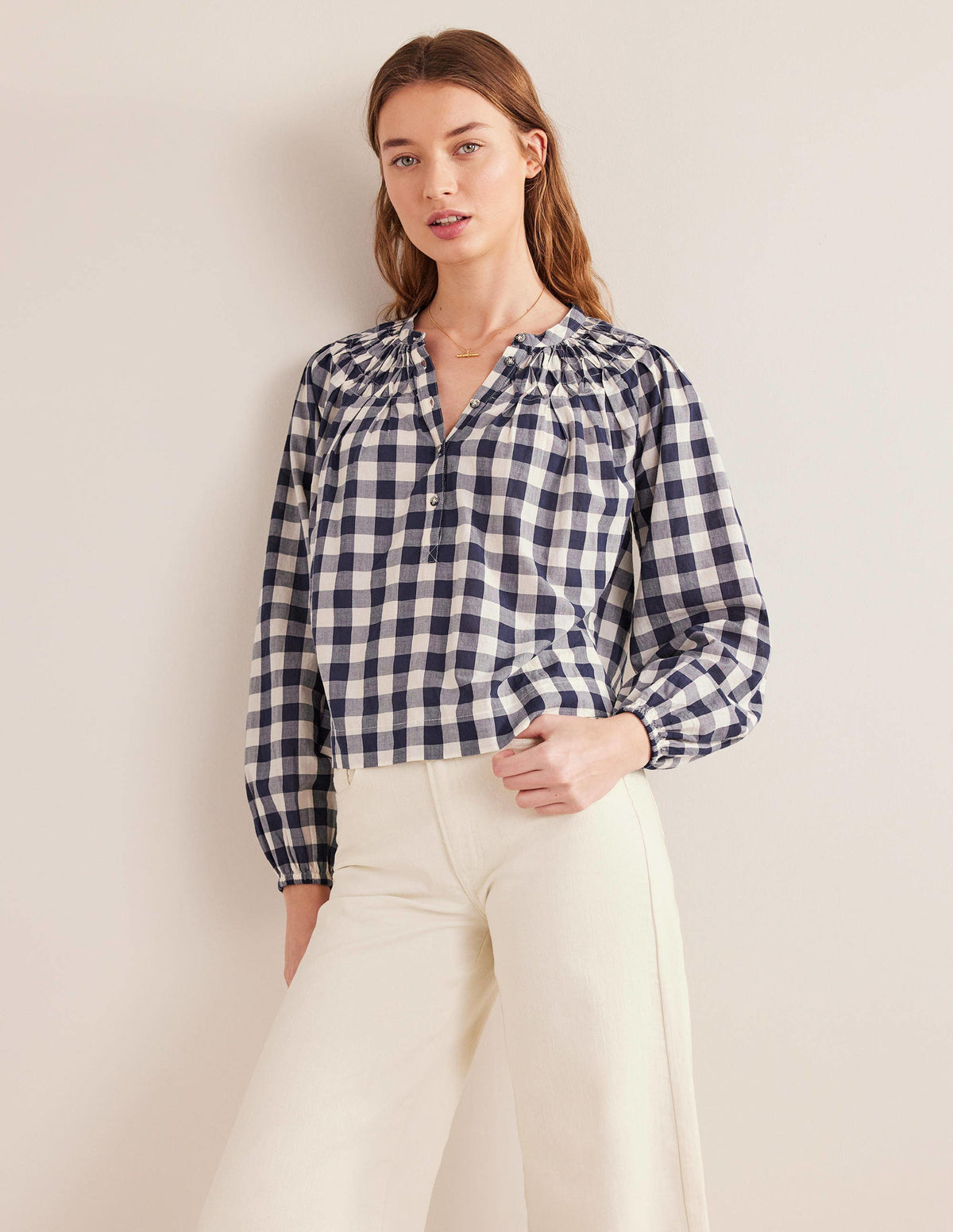 Smocking Detail Blouse-French Navy Gingham - Image 4