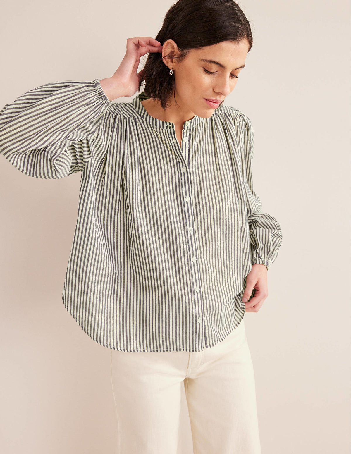 Circle Cut Peasant Blouse-Navy and Ivory Sparkle Stripe - Image 1