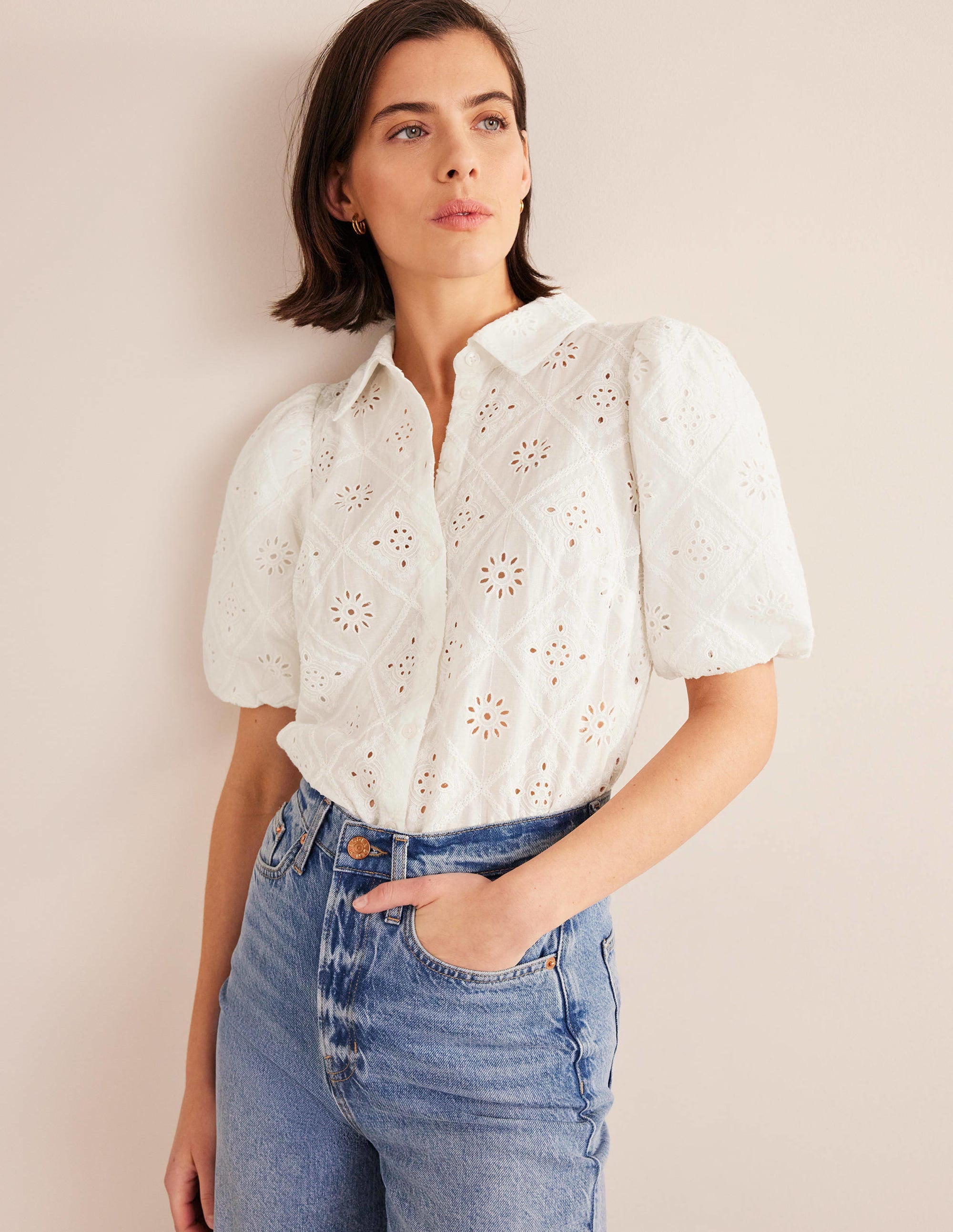 Broderie Puff Sleeve Shirt-Ivory - Image 1