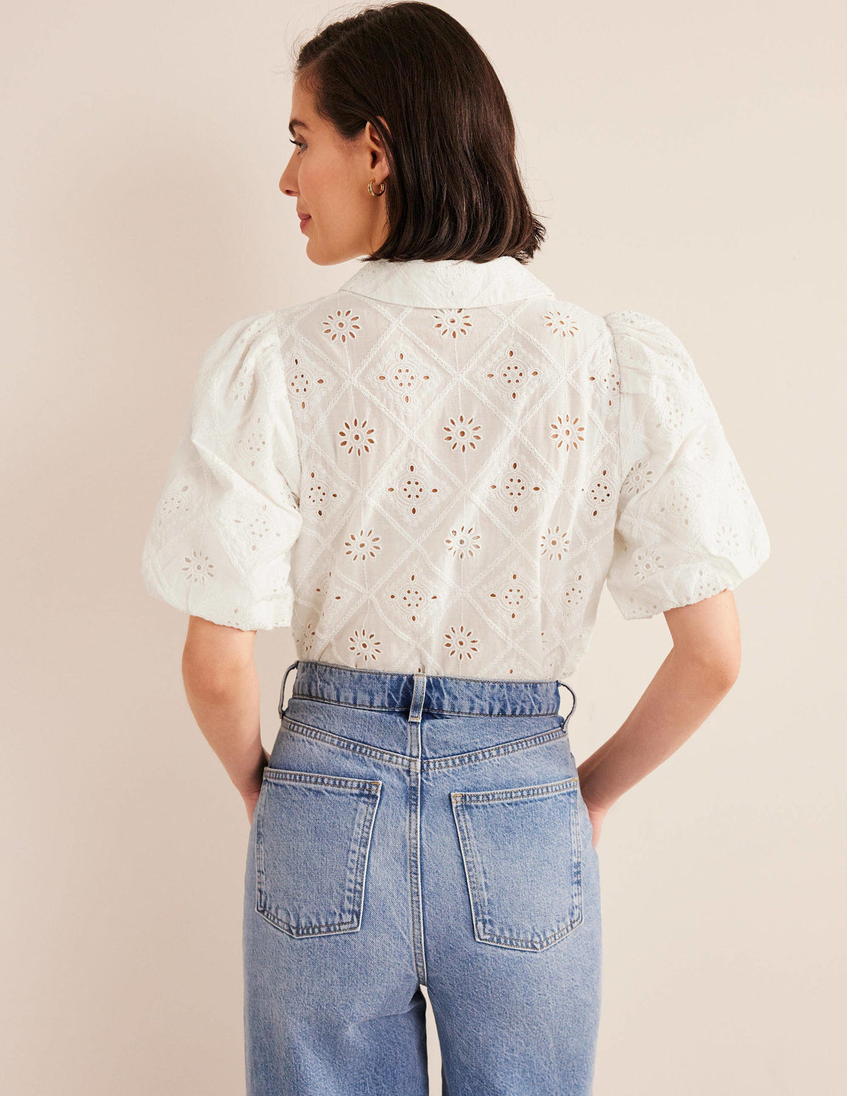 Broderie Puff Sleeve Shirt-Ivory - Image 3