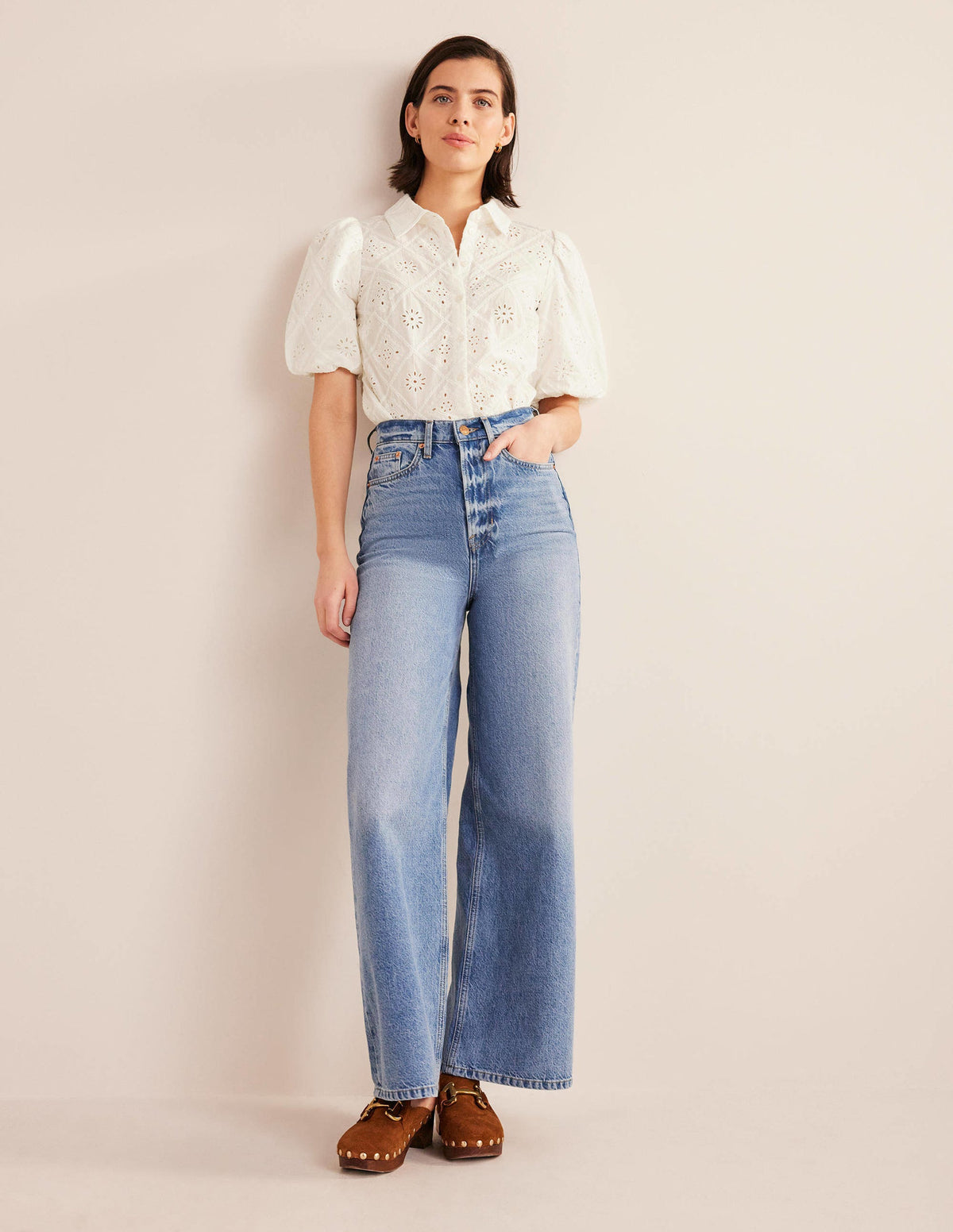 Broderie Puff Sleeve Shirt-Ivory-4