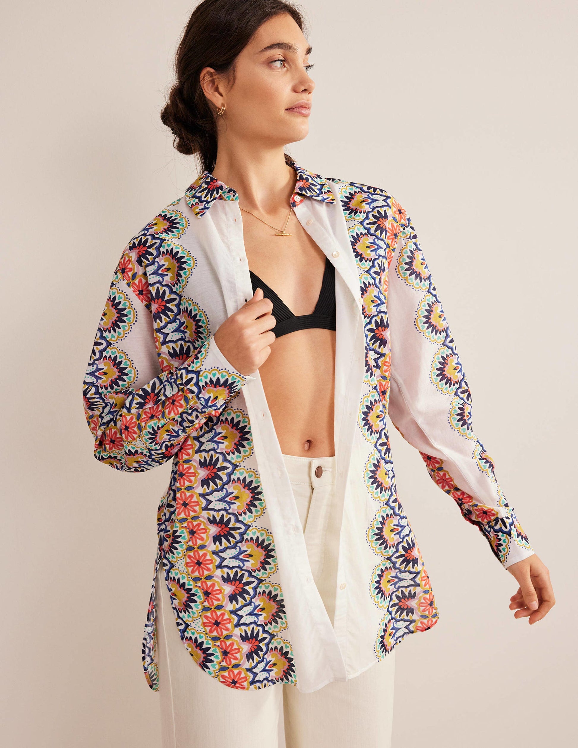 Holiday Longerline Shirt-Ivory, Floweret-1