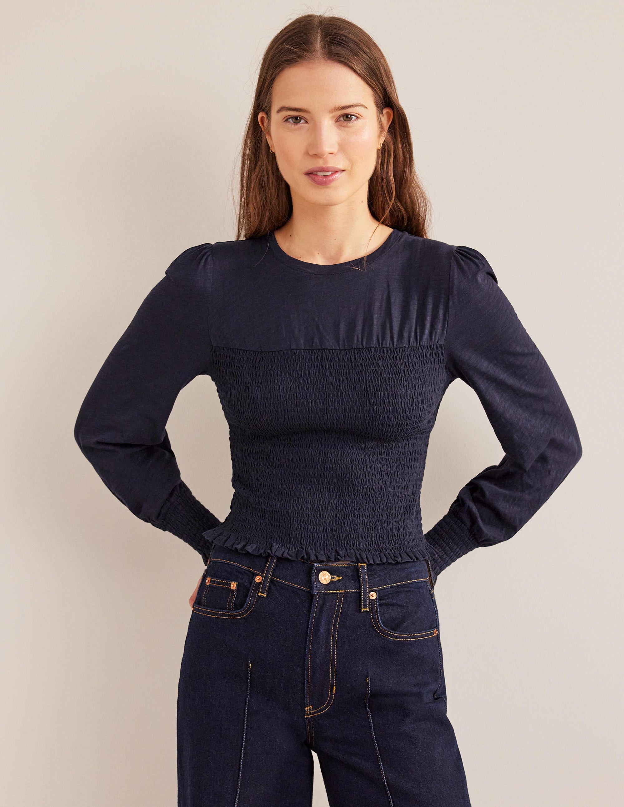 Smocked Bodice Cotton Top-Navy - Image 1