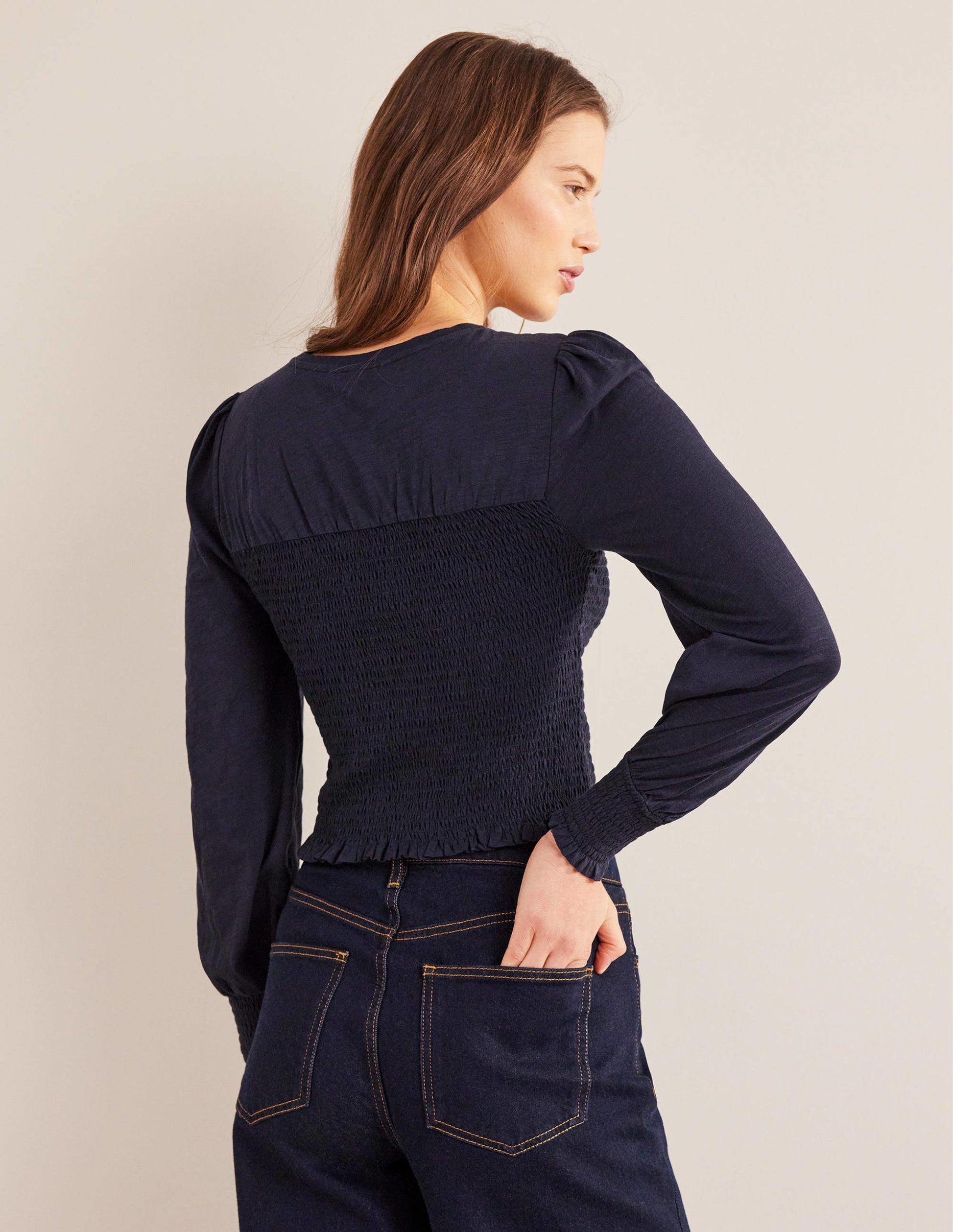 Smocked Bodice Cotton Top-Navy-3