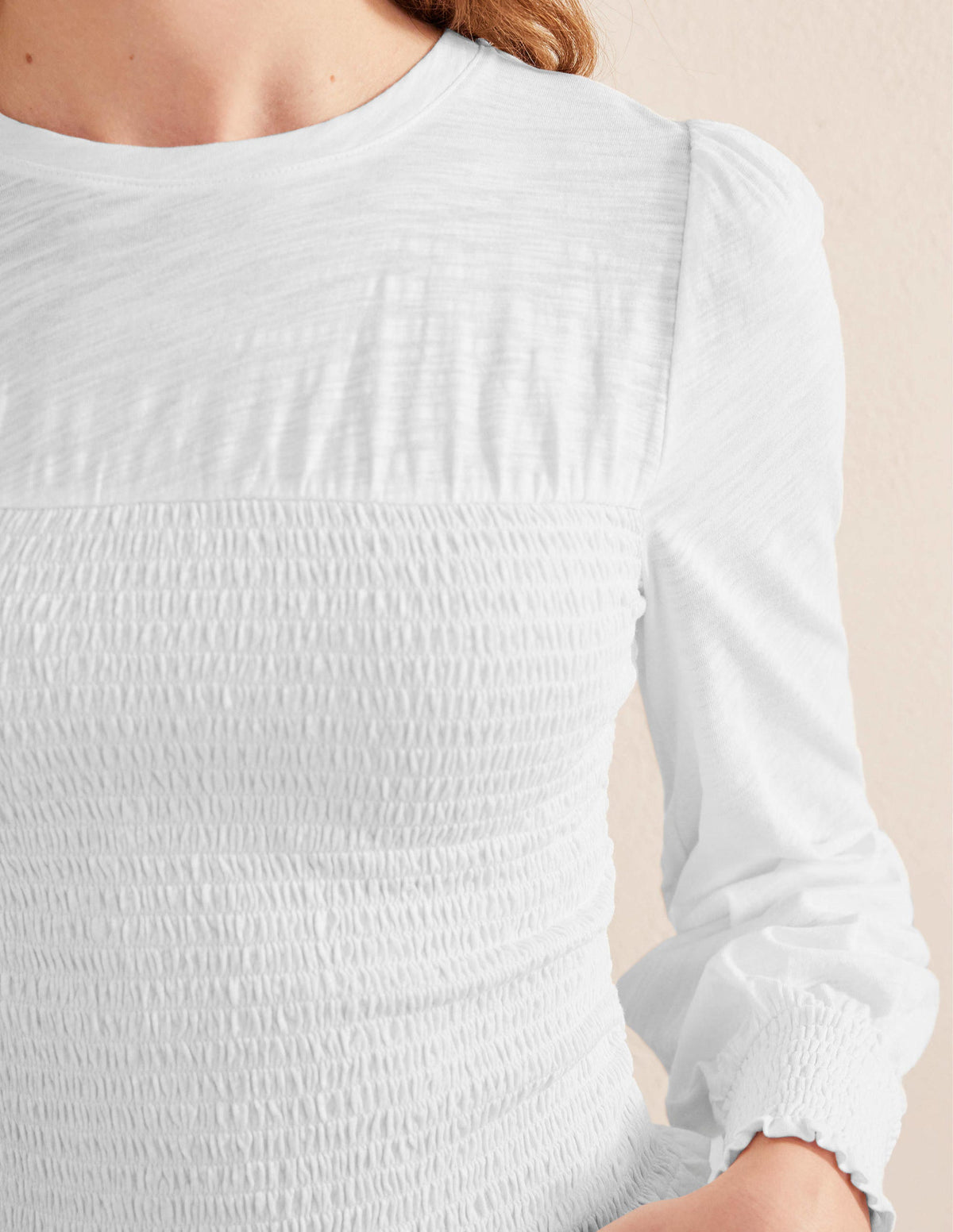 Smocked Bodice Cotton Top-White-2