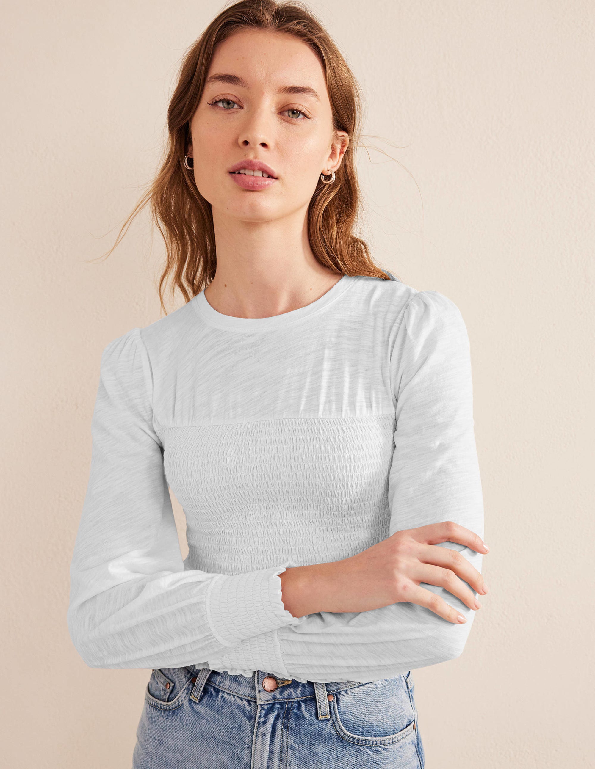 Smocked Bodice Cotton Top-White - Image 4