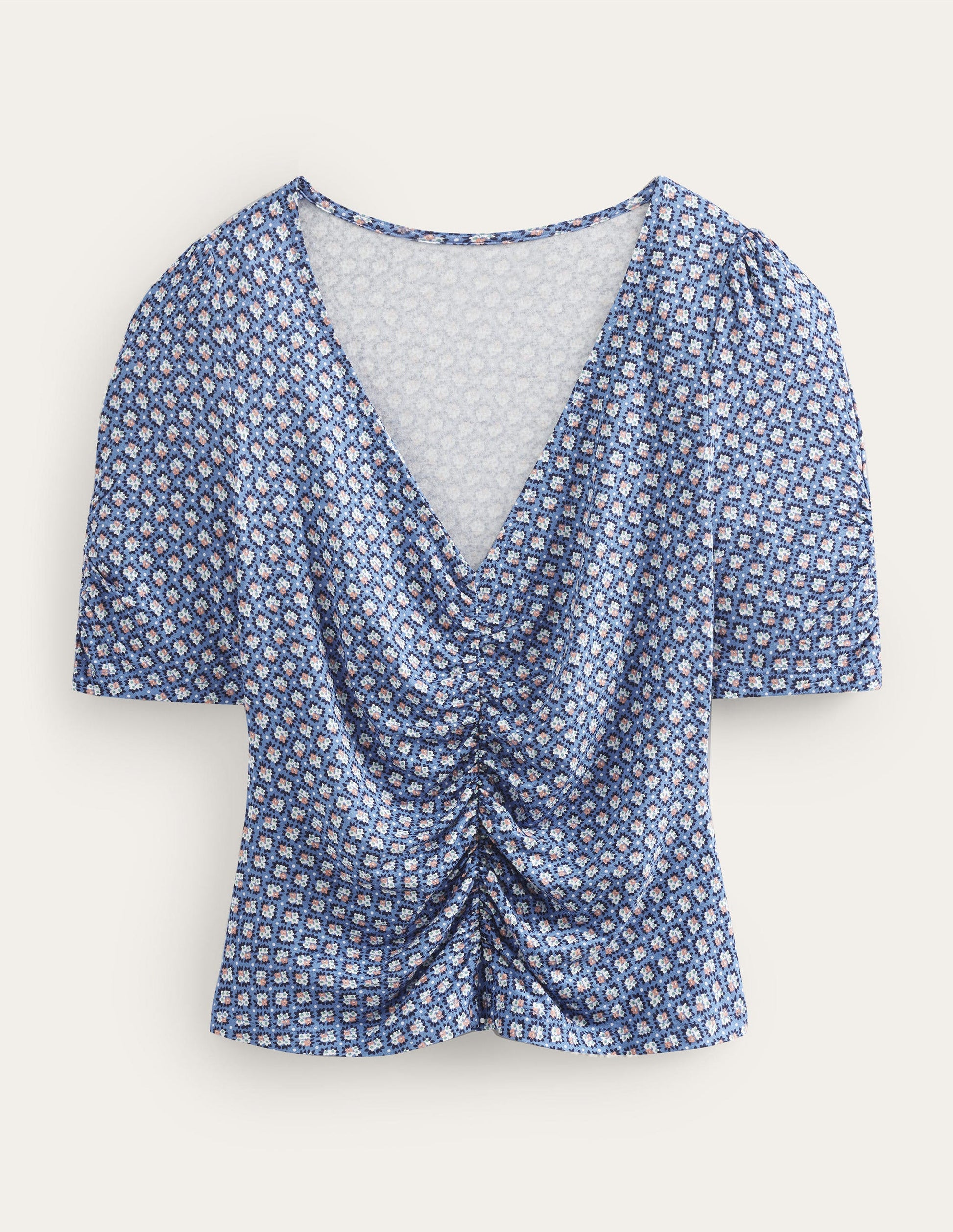 Ruched Front Printed Top-Porcelain Blue, Bloom Bud-5
