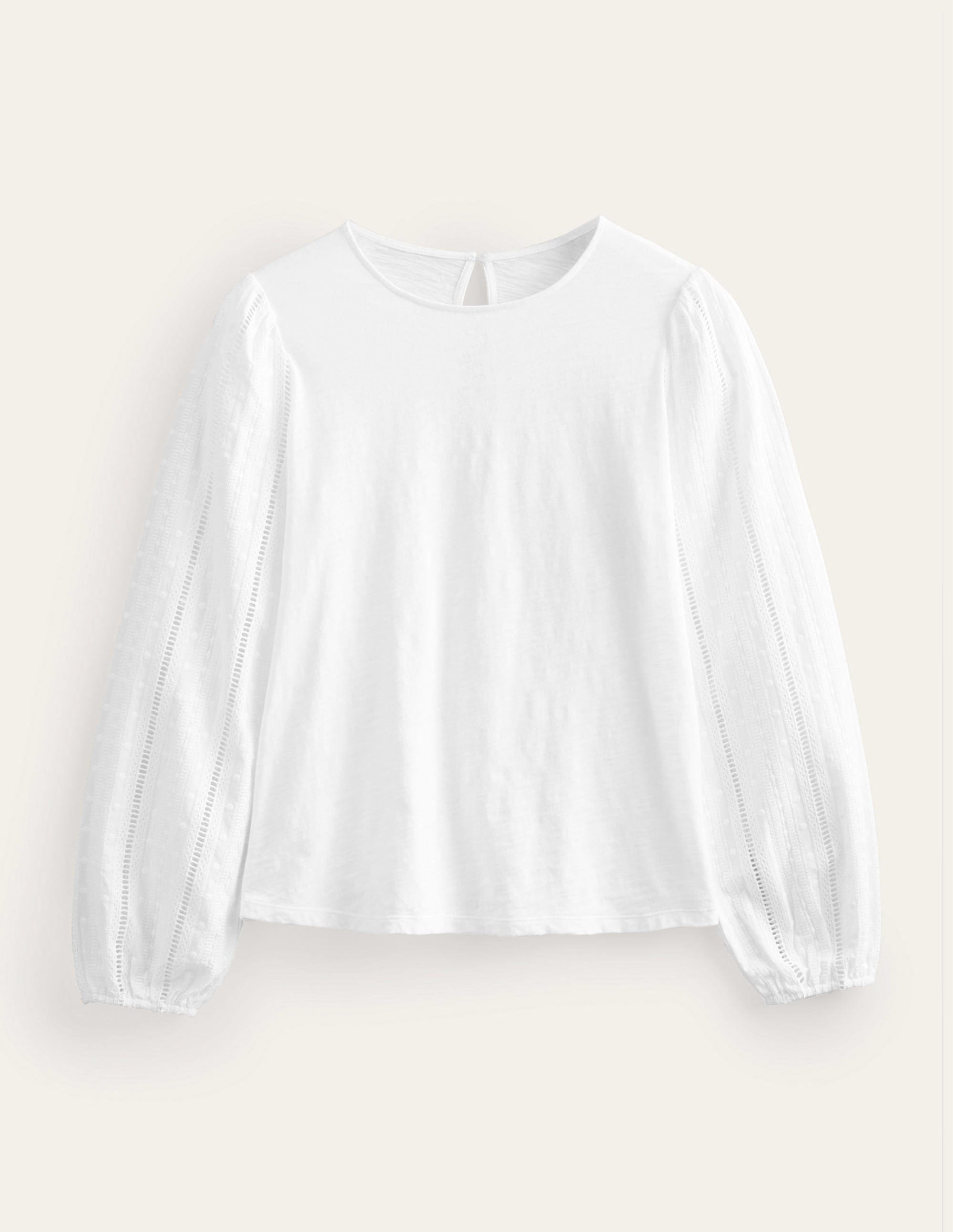 Crew Neck Broderie Sleeve Top-White - Image 5
