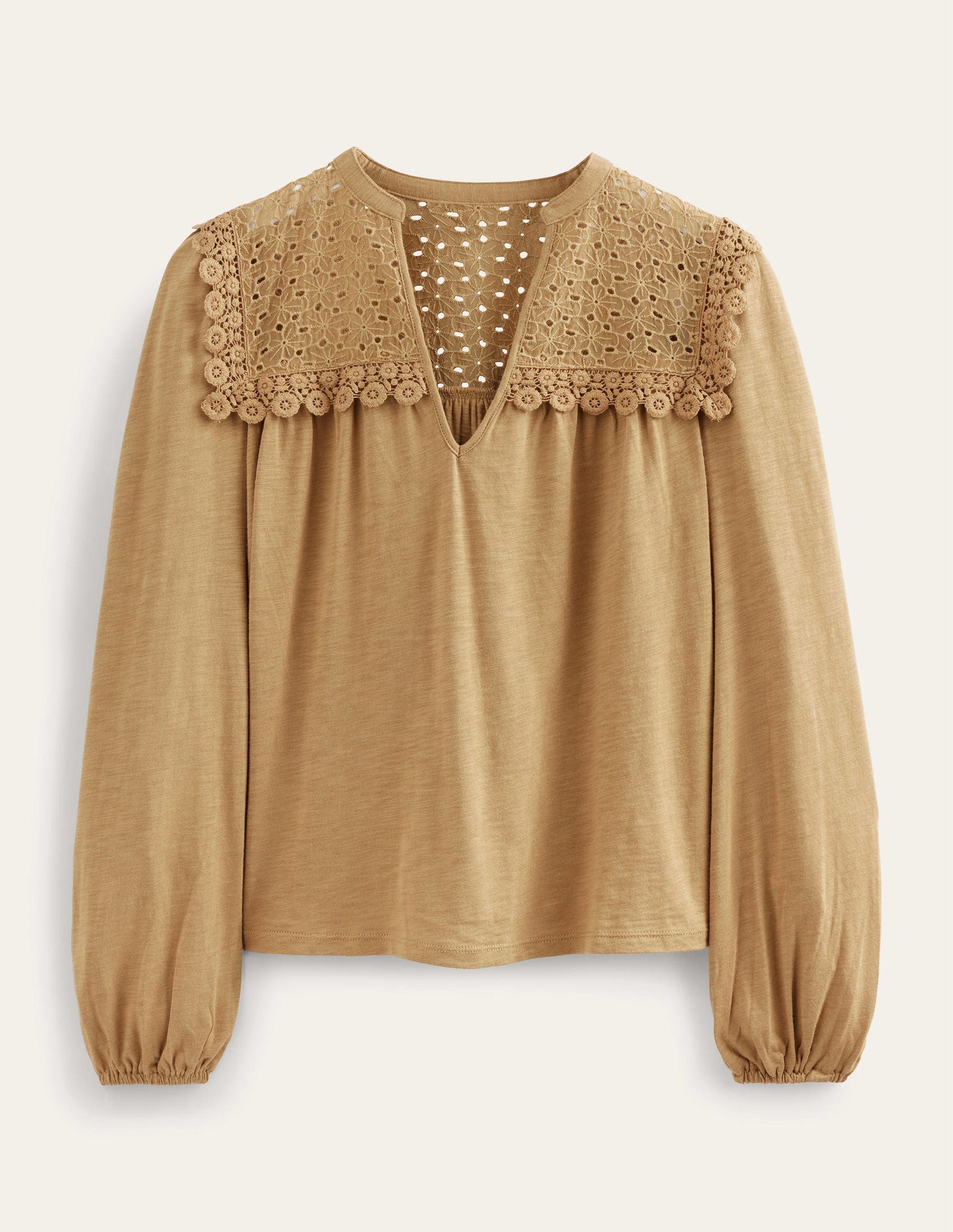 Notch Neck Woven Mix Top-Camel-5
