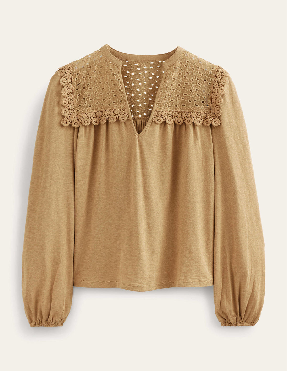 Notch Neck Woven Mix Top-Camel - Image 5