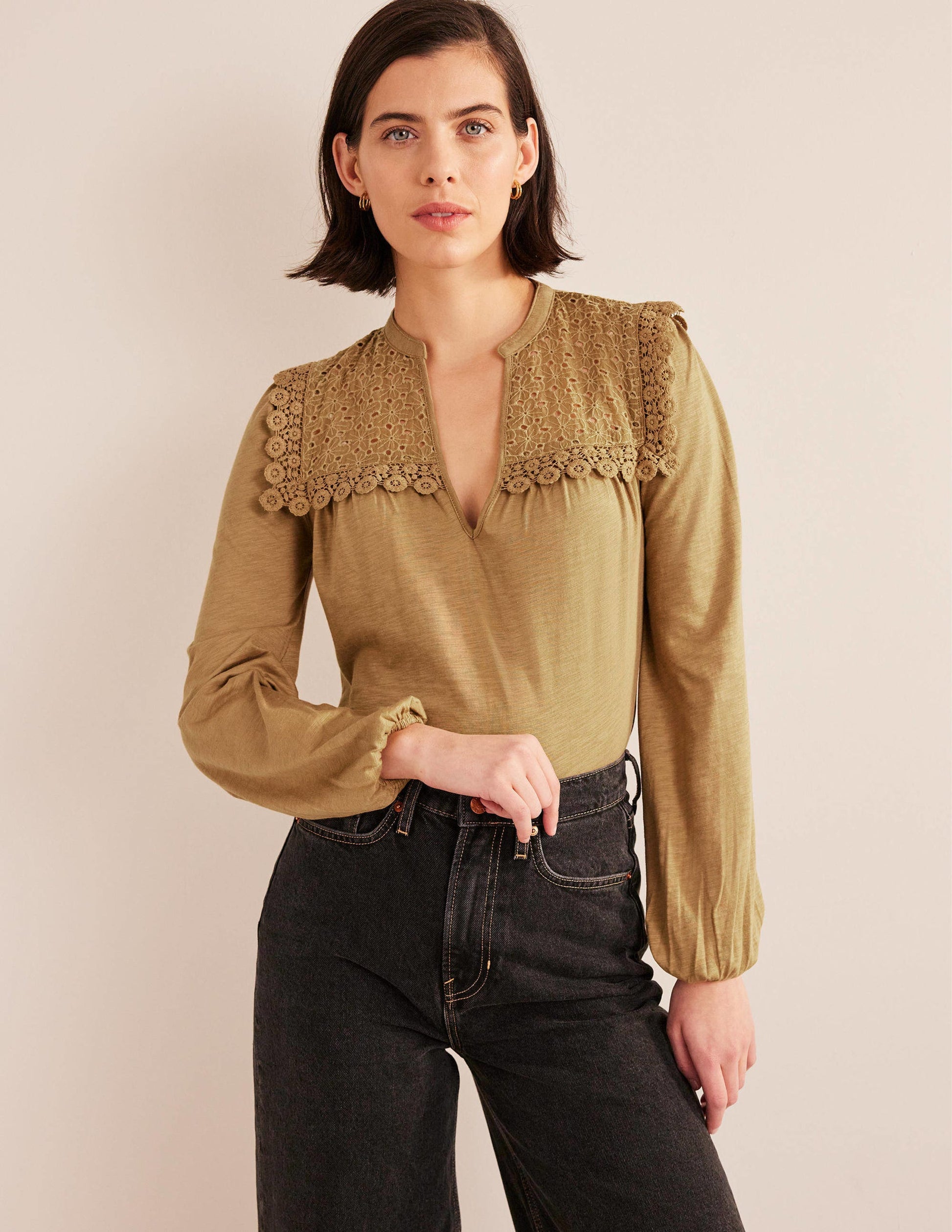 Notch Neck Woven Mix Top-Camel-1