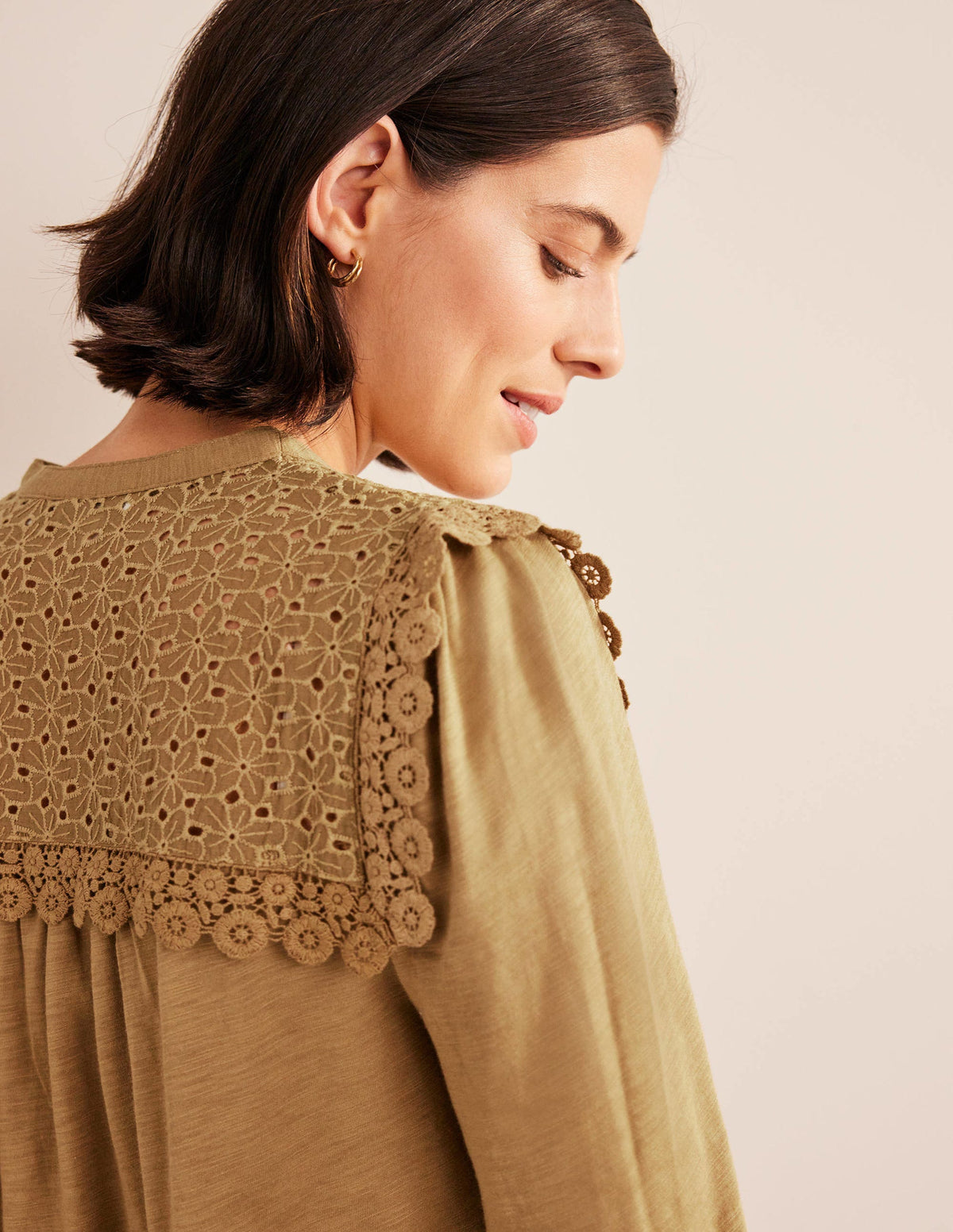 Notch Neck Woven Mix Top-Camel - Image 2