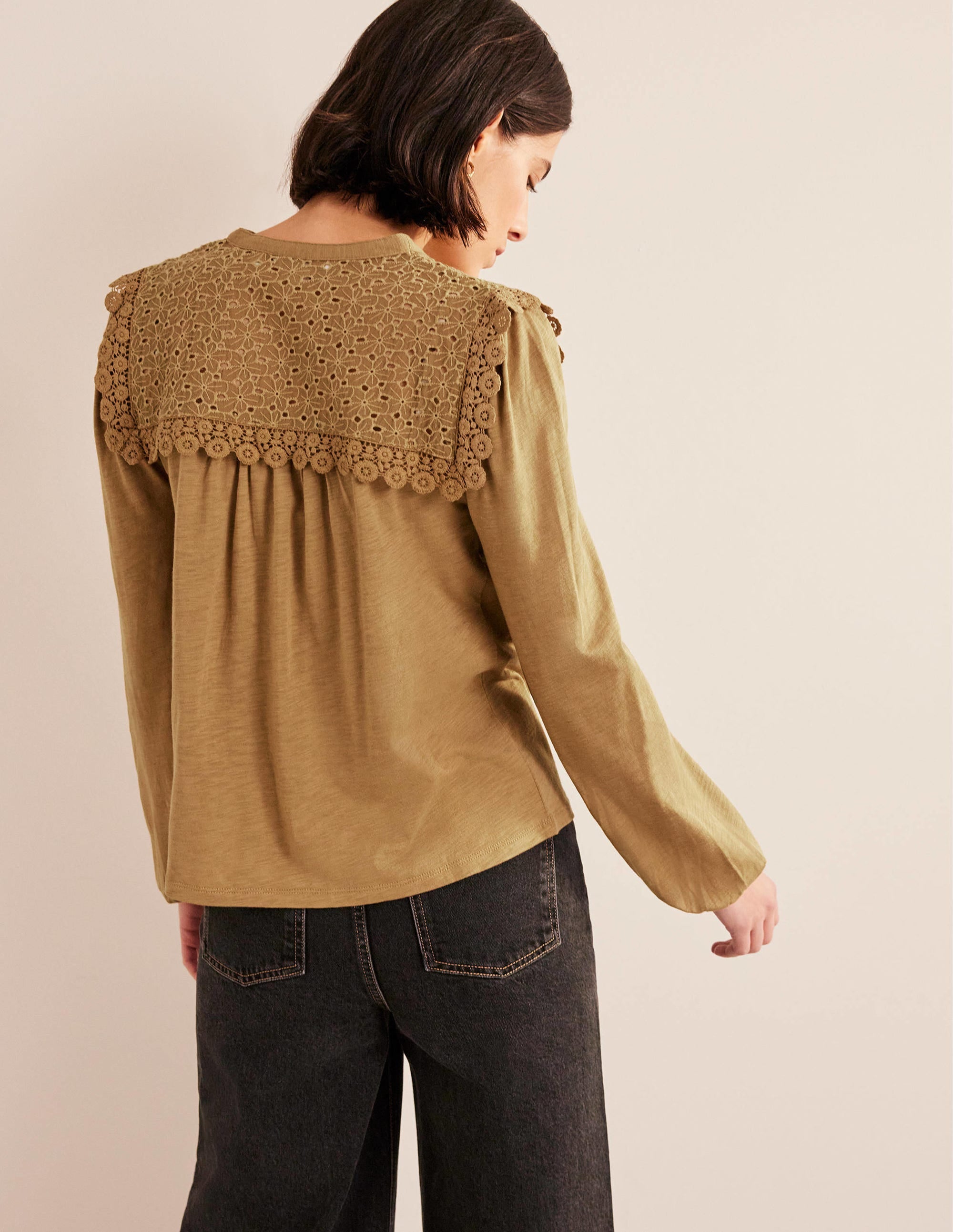 Notch Neck Woven Mix Top-Camel - Image 3