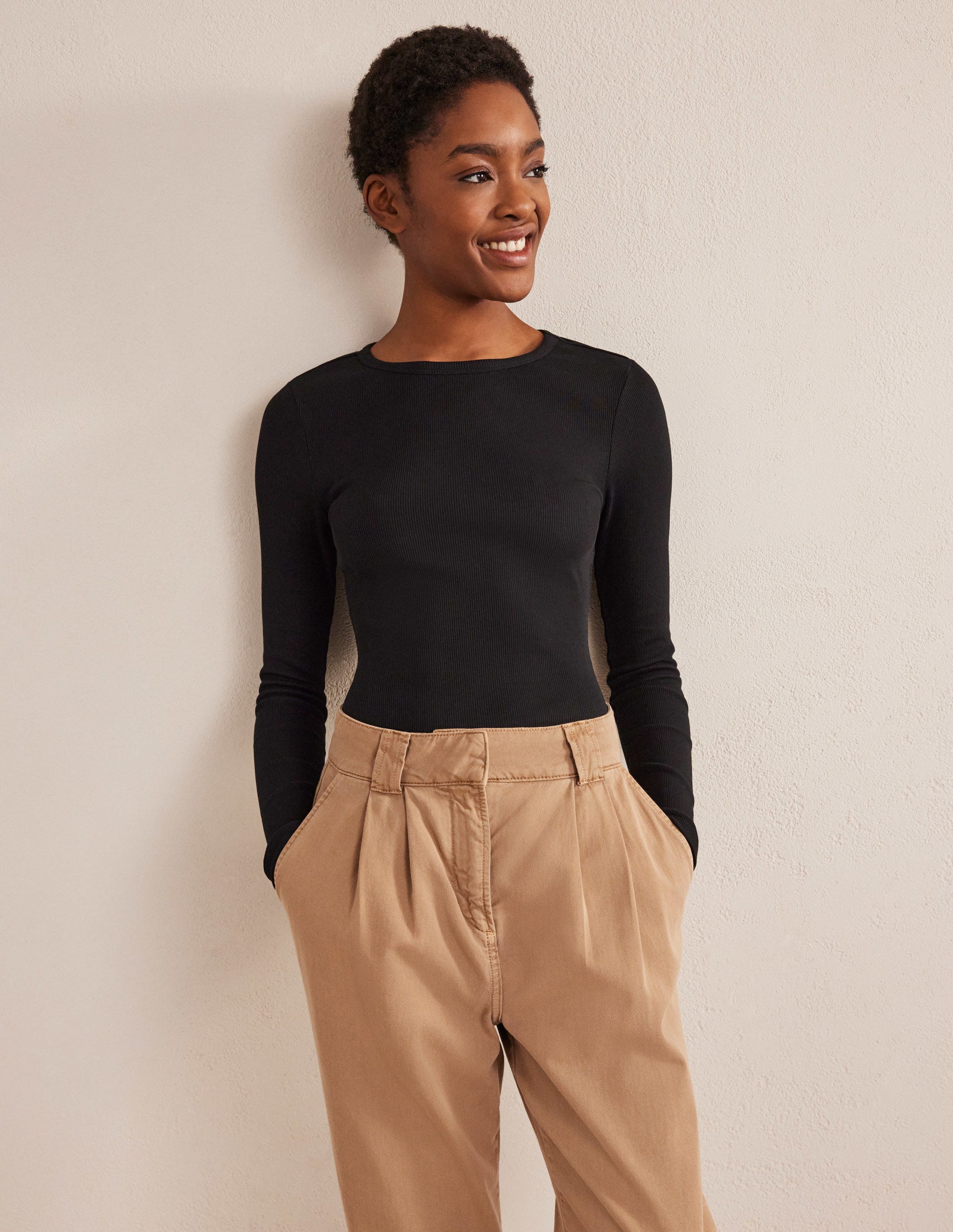 Cotton Ribbed Long Sleeve Top-Black - Image 1