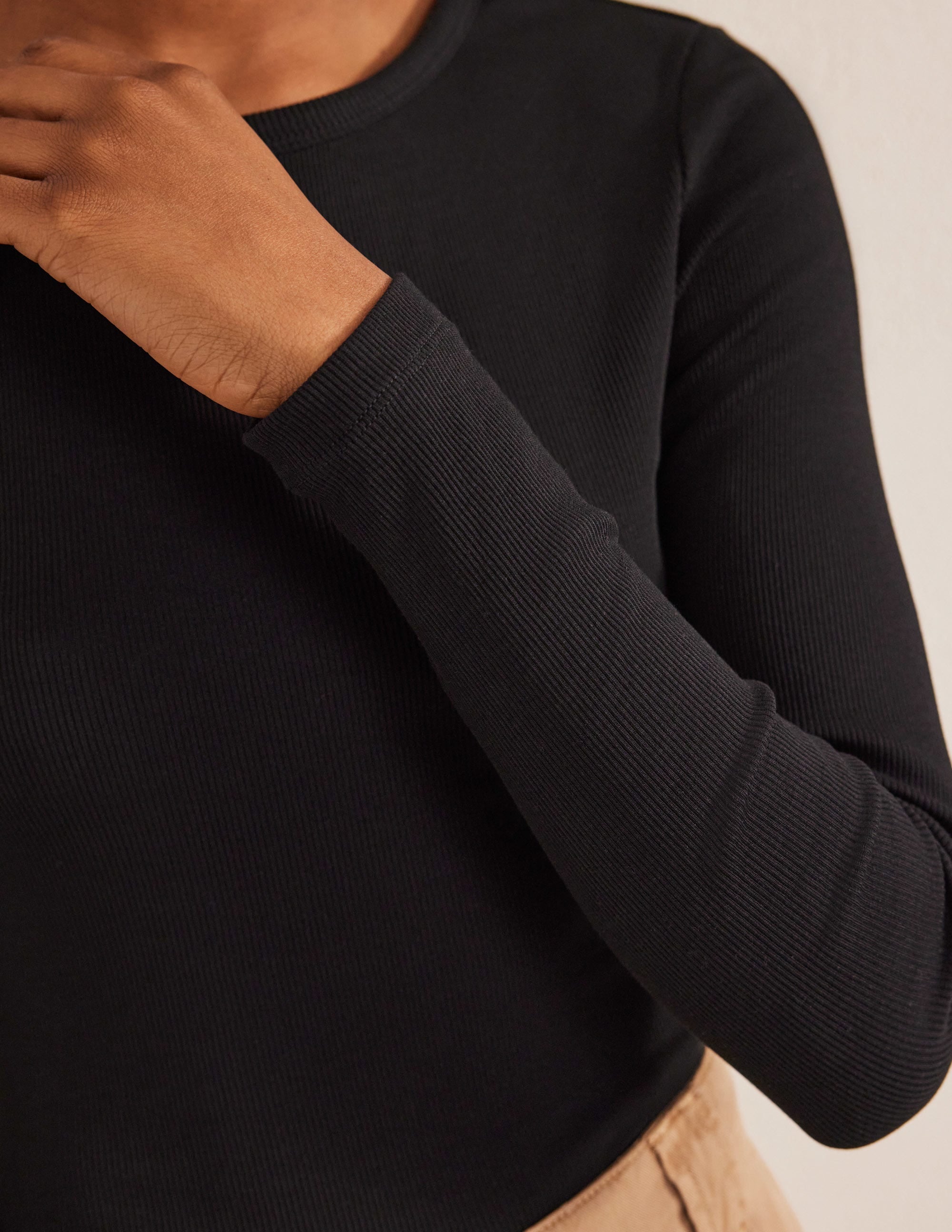 Cotton Ribbed Long Sleeve Top-Black - Image 2