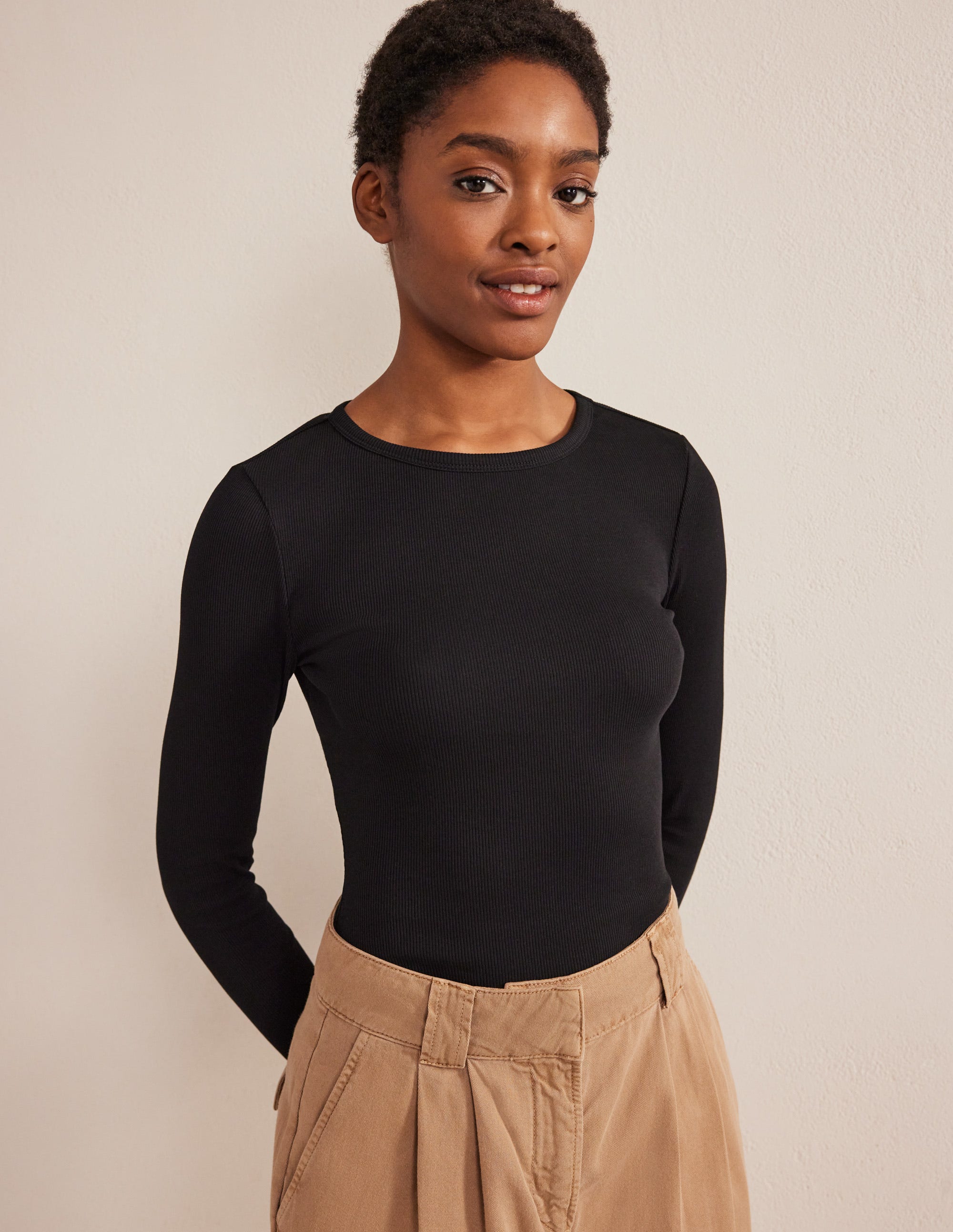 Cotton Ribbed Long Sleeve Top-Black - Image 4