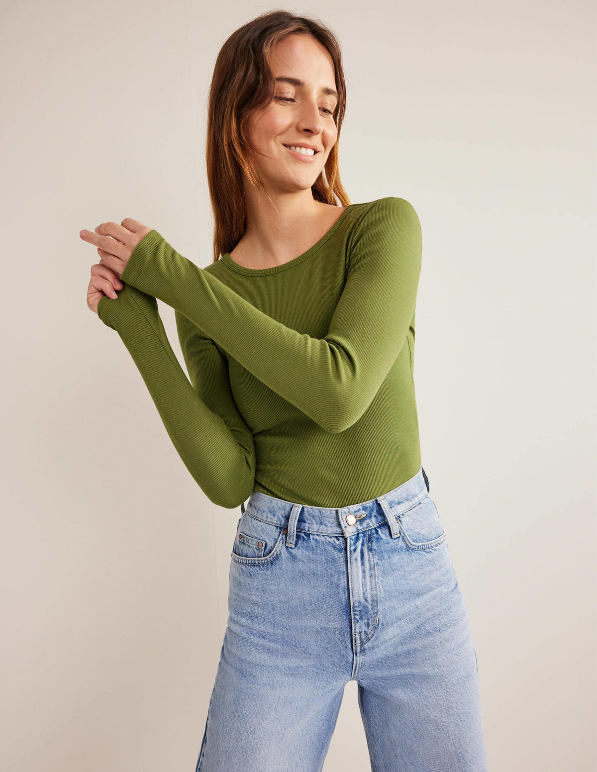 Cotton Ribbed Long Sleeve Top-Washed Khaki - Image 1