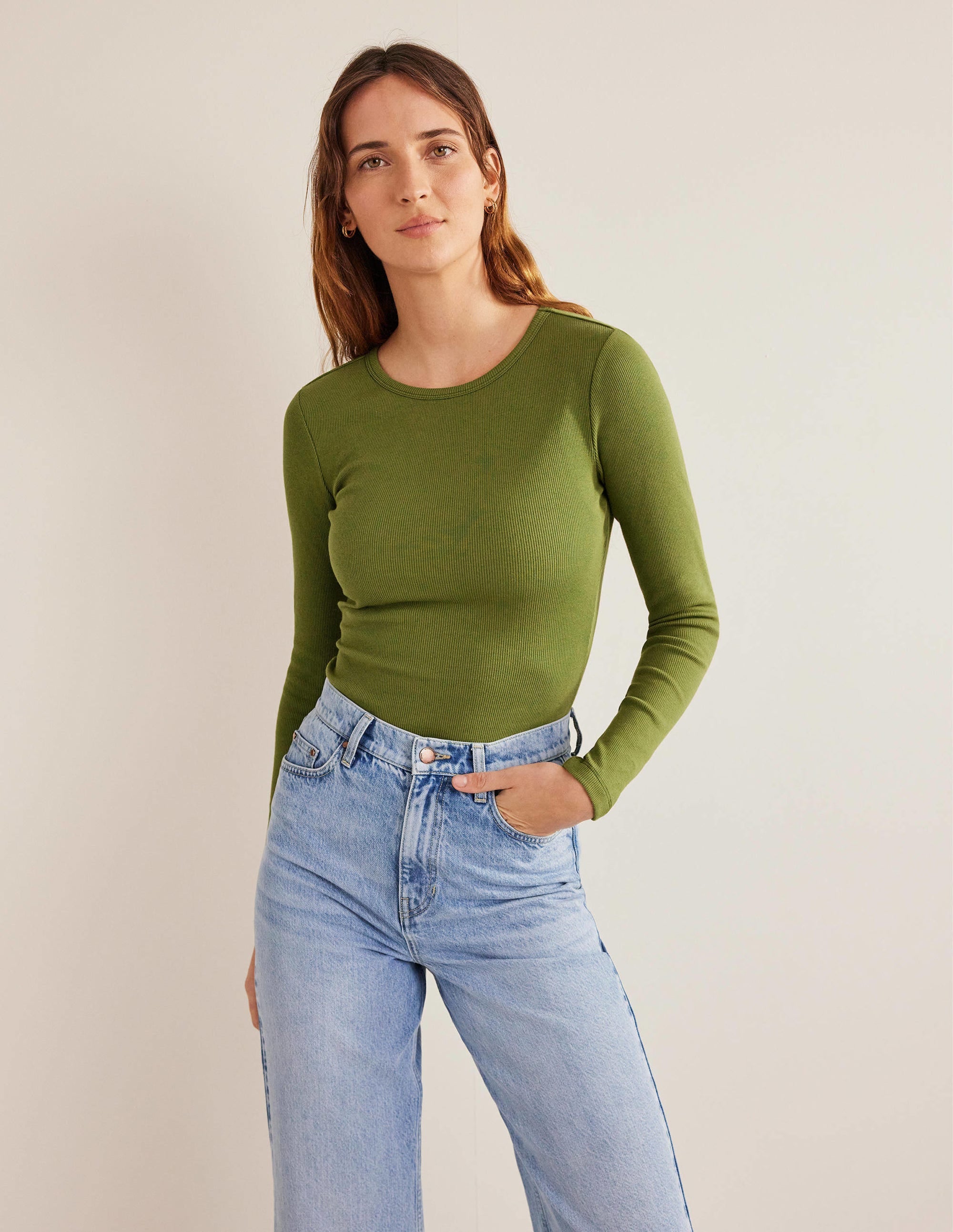 Cotton Ribbed Long Sleeve Top-Washed Khaki - Image 4