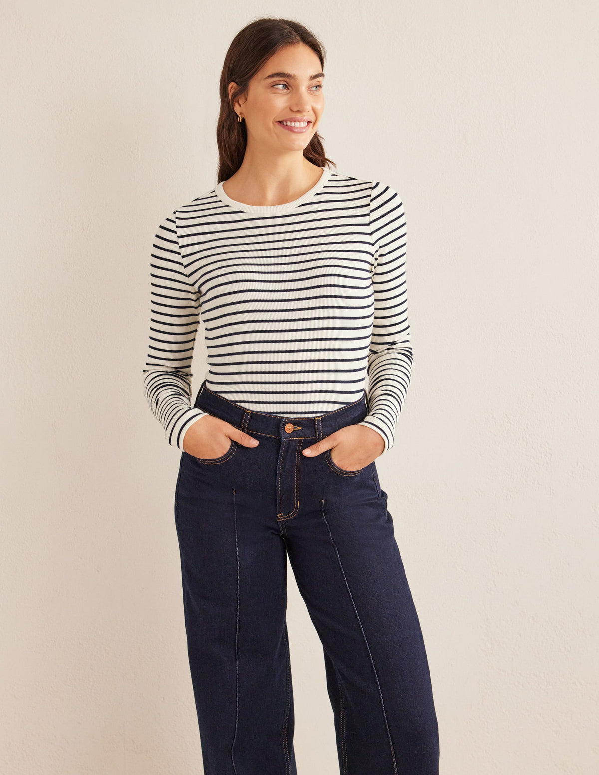 Cotton Ribbed Long Sleeve Top-Ivory/Navy Stripe - Image 1