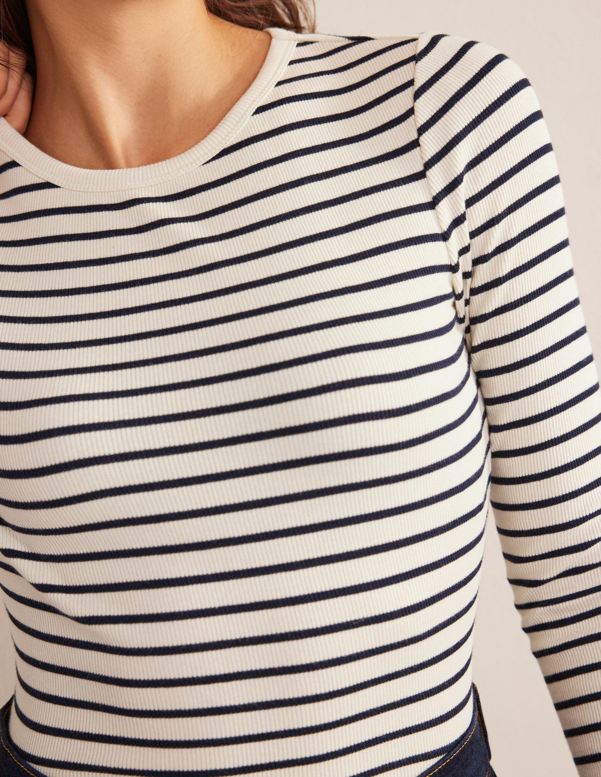 Cotton Ribbed Long Sleeve Top-Ivory/Navy Stripe-2