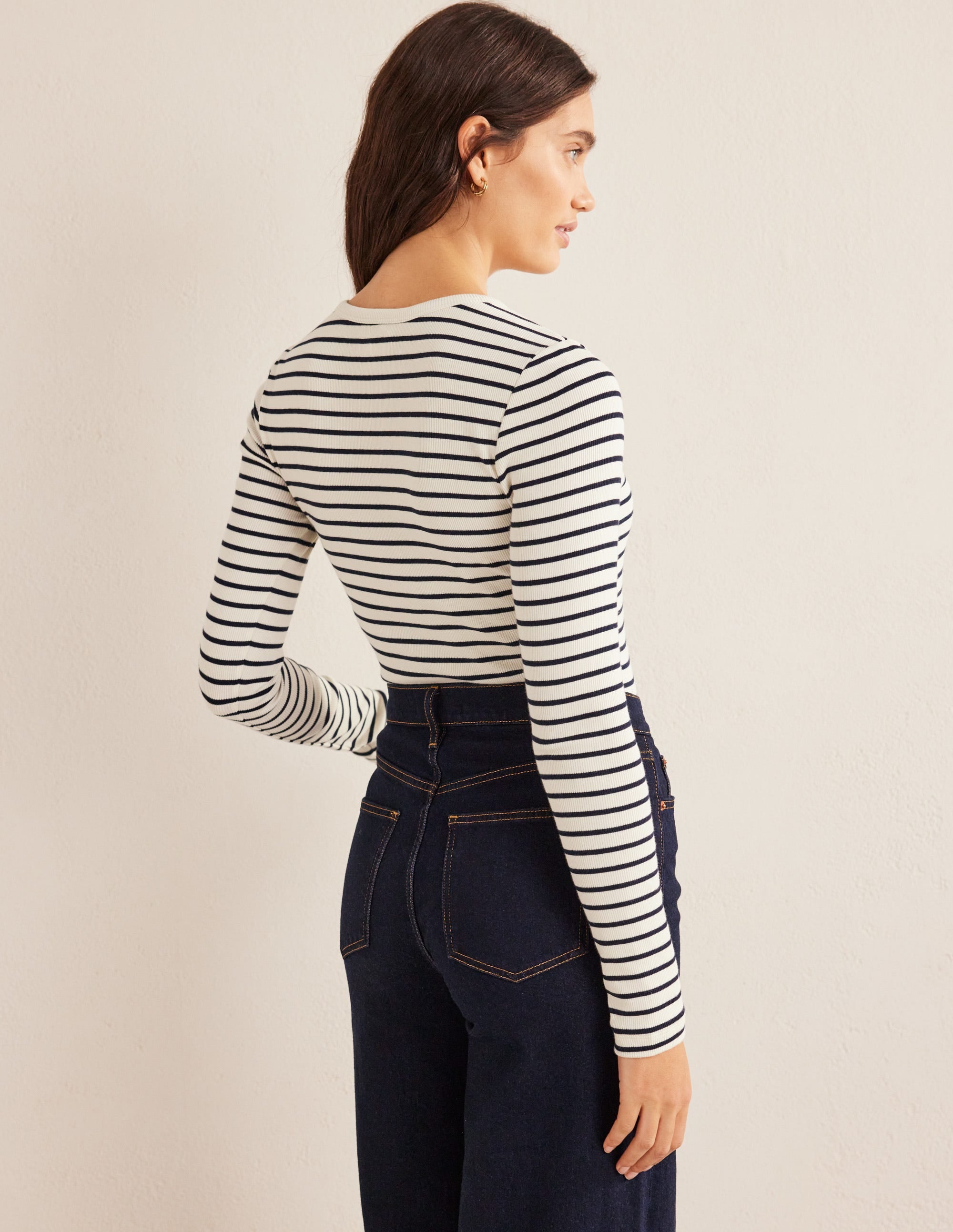 Cotton Ribbed Long Sleeve Top-Ivory/Navy Stripe - Image 3