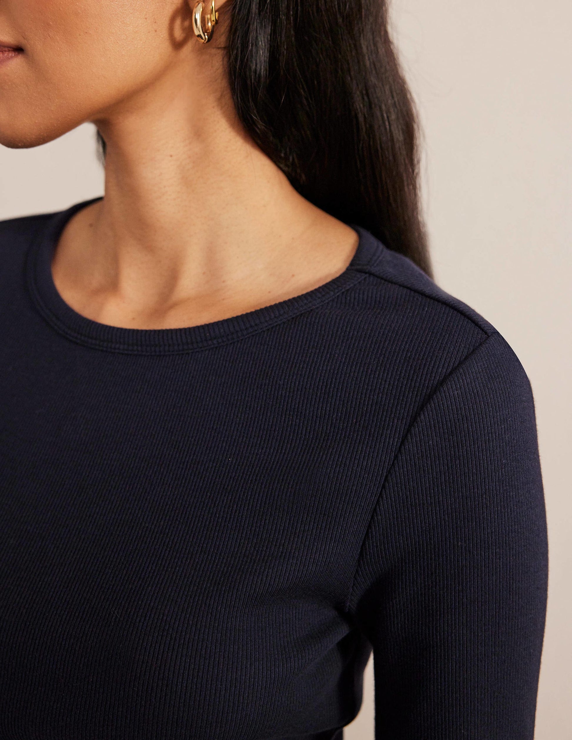 Cotton Ribbed Long Sleeve Top-Navy-2