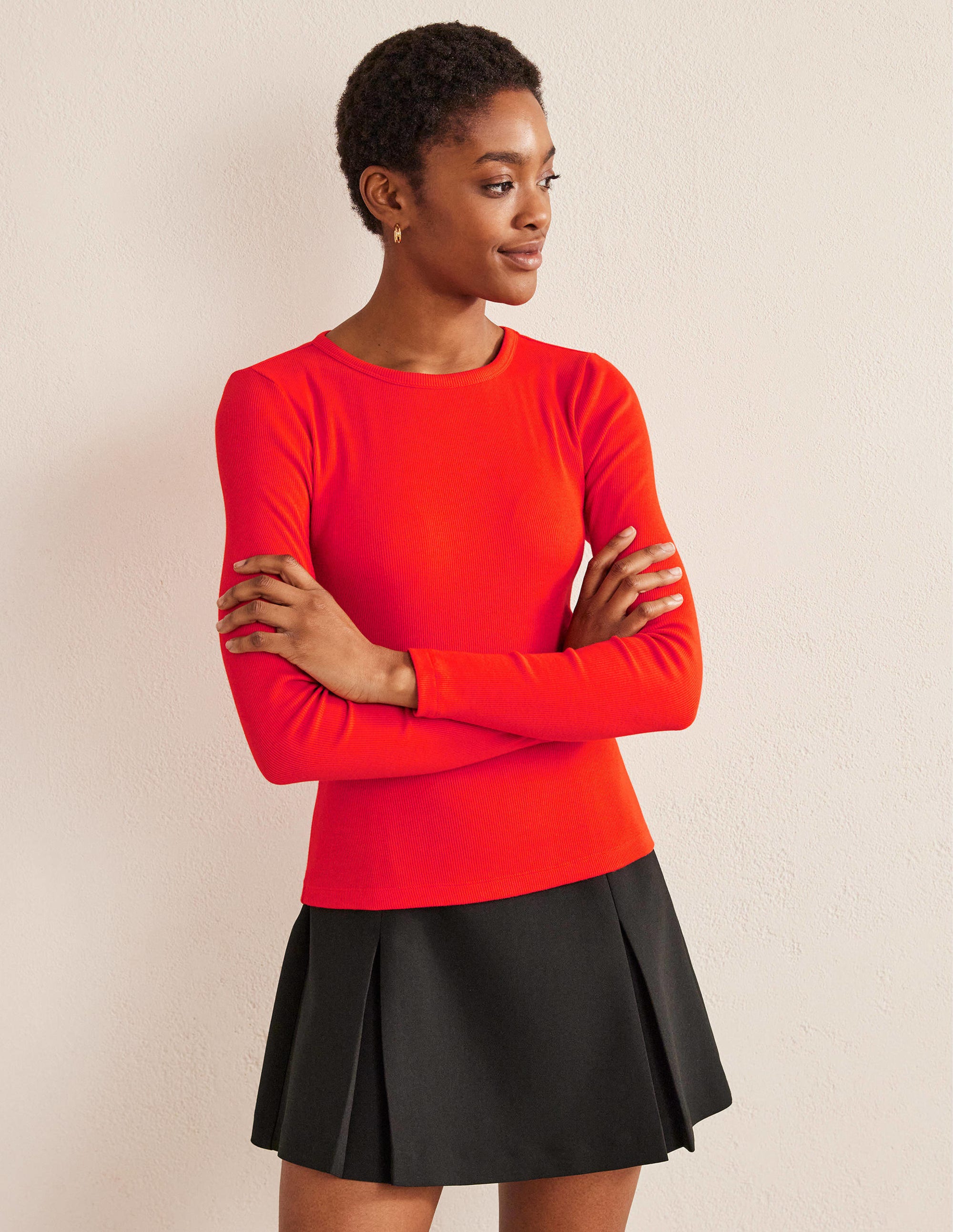 Cotton Ribbed Long Sleeve Top-Red Pop - Image 4