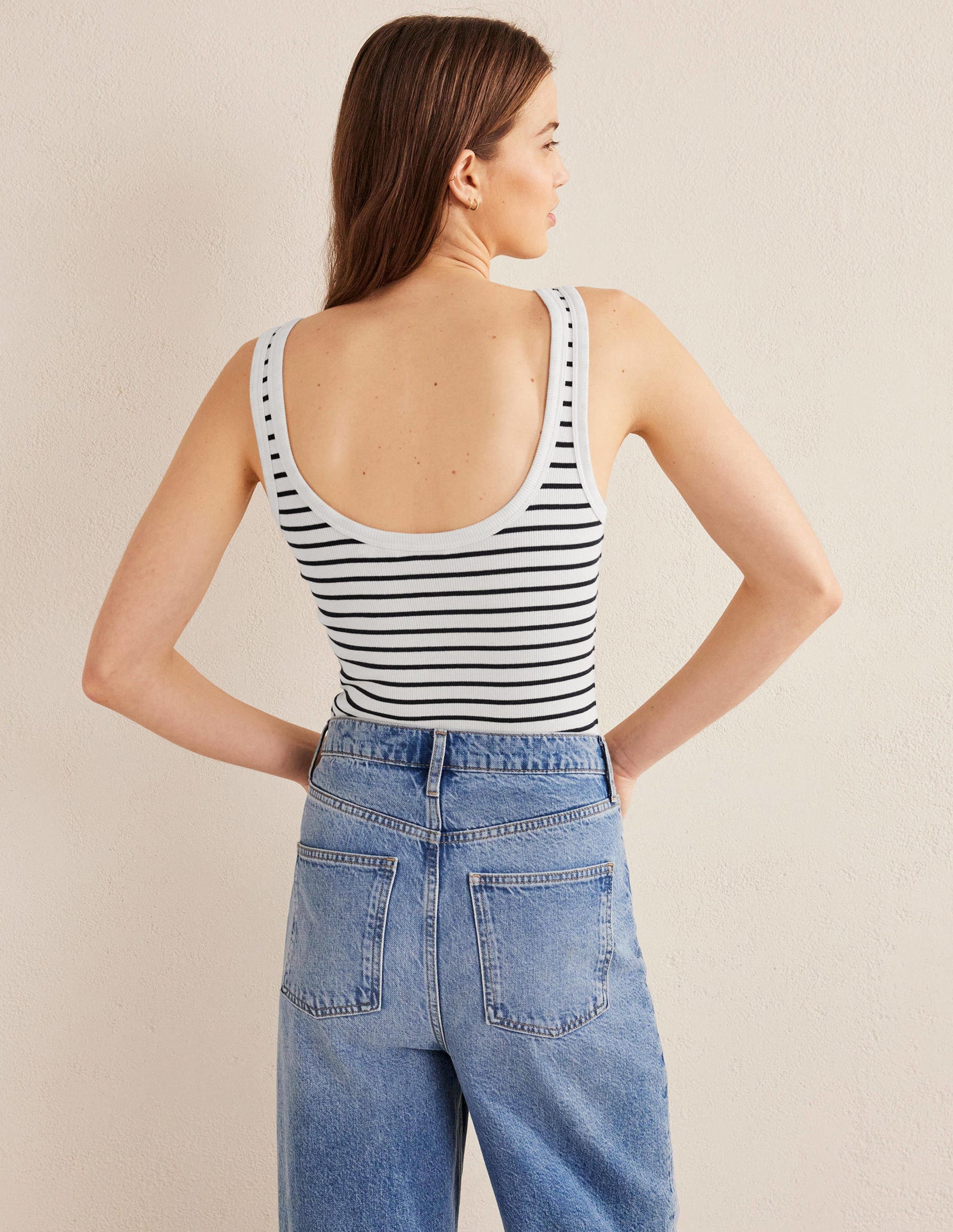 Scoop Neck Ribbed Tank-Ivory / Navy Stripe-3