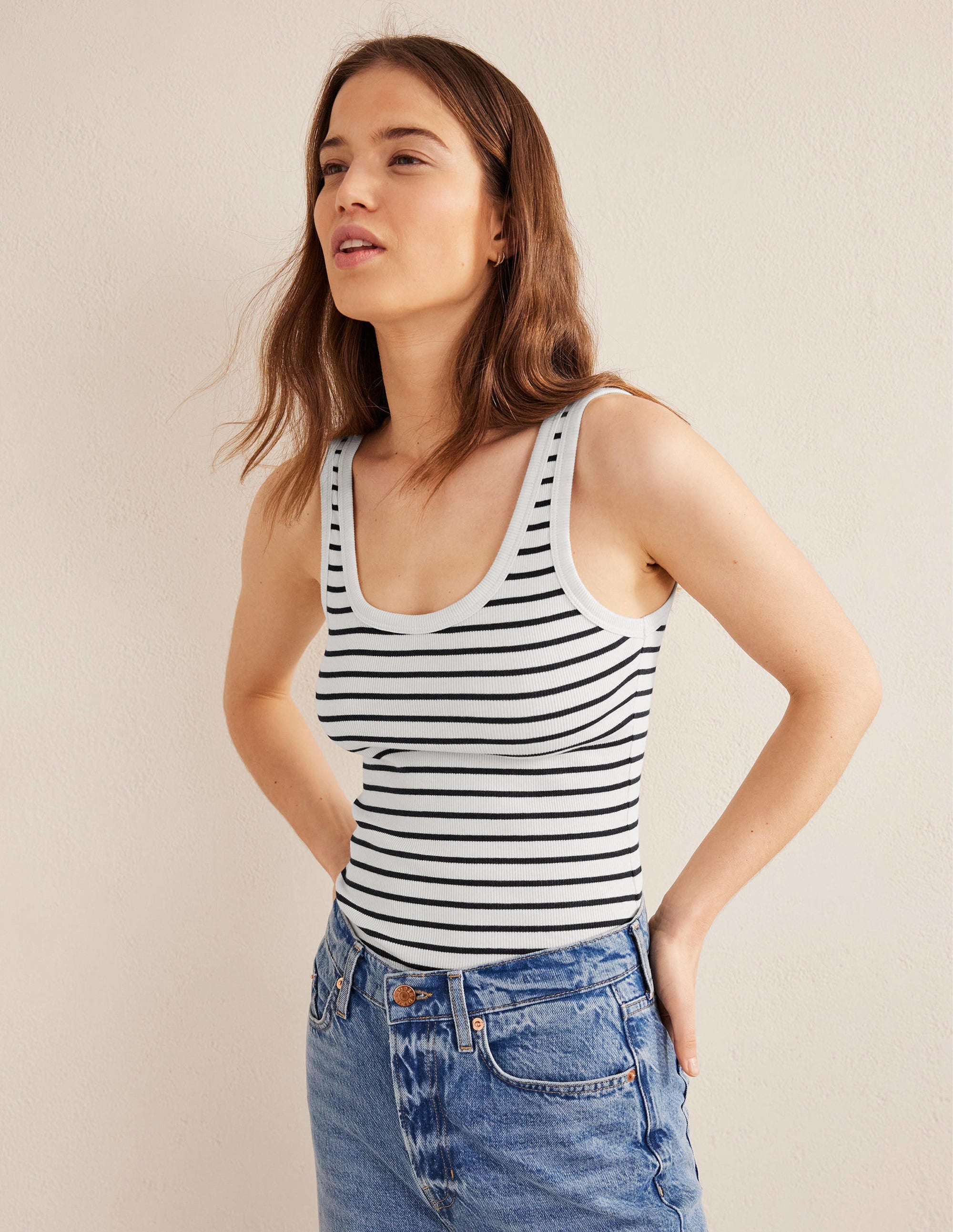 Scoop Neck Ribbed Tank-Ivory / Navy Stripe - Image 4