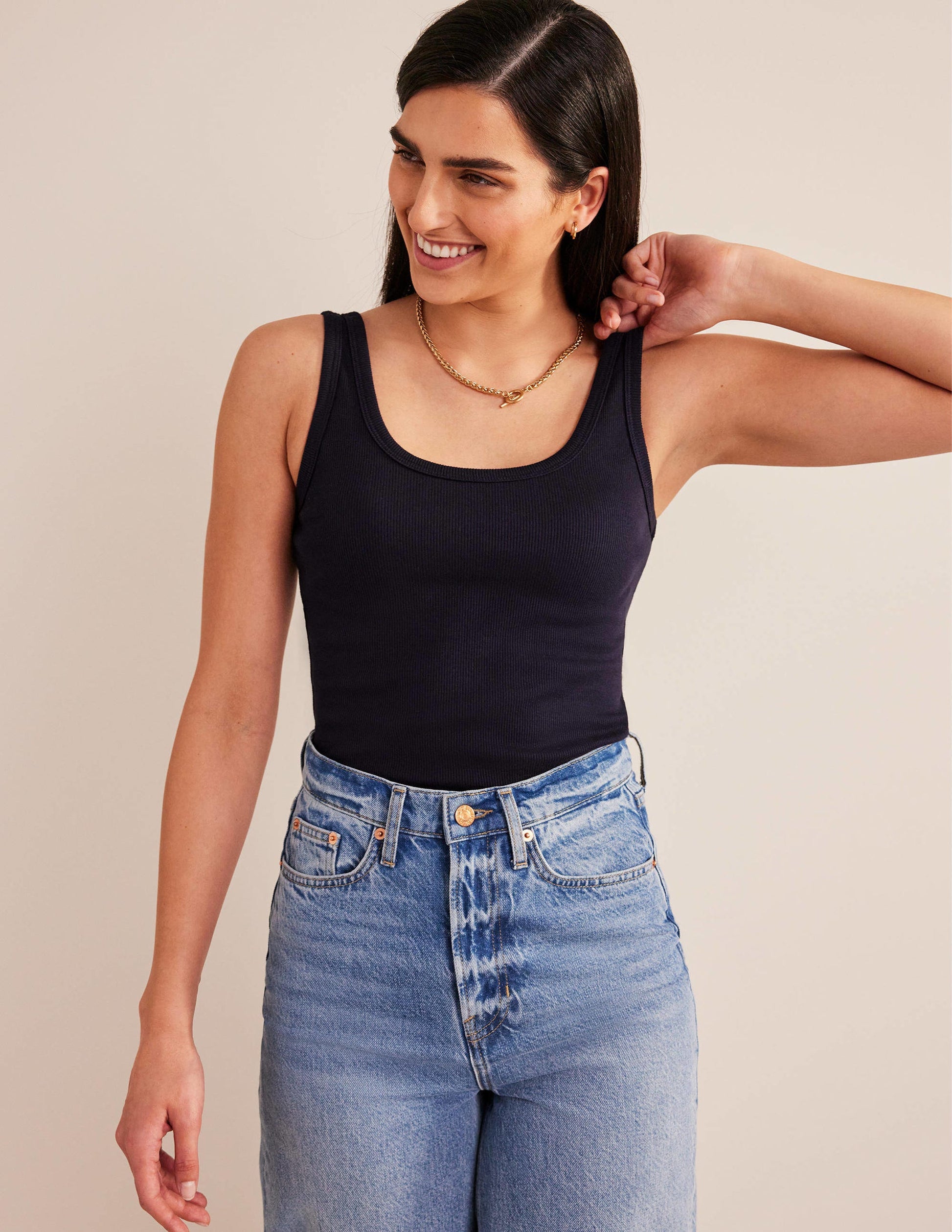 Scoop Neck Ribbed Tank-Navy-4