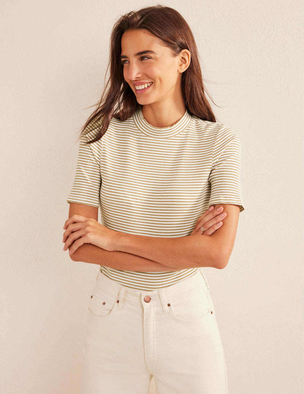 High Neck Ribbed Top-Ivory/Camel Stripe-1