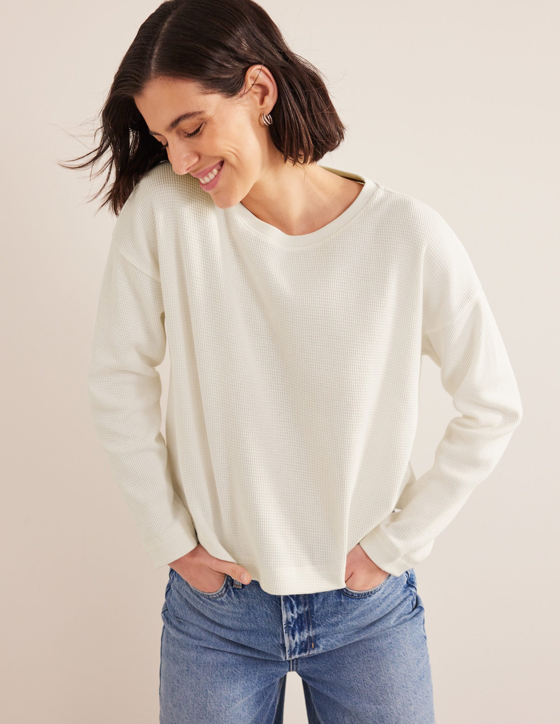 Textured Waffle Detail Top-Ivory-4