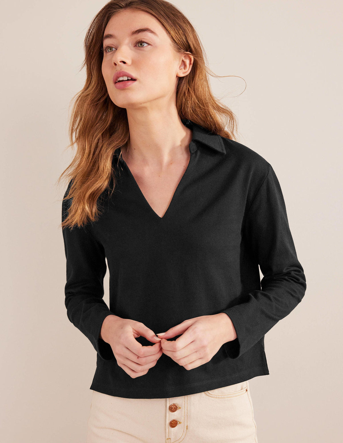 Notch Collar Stripe Top-Black - Image 1