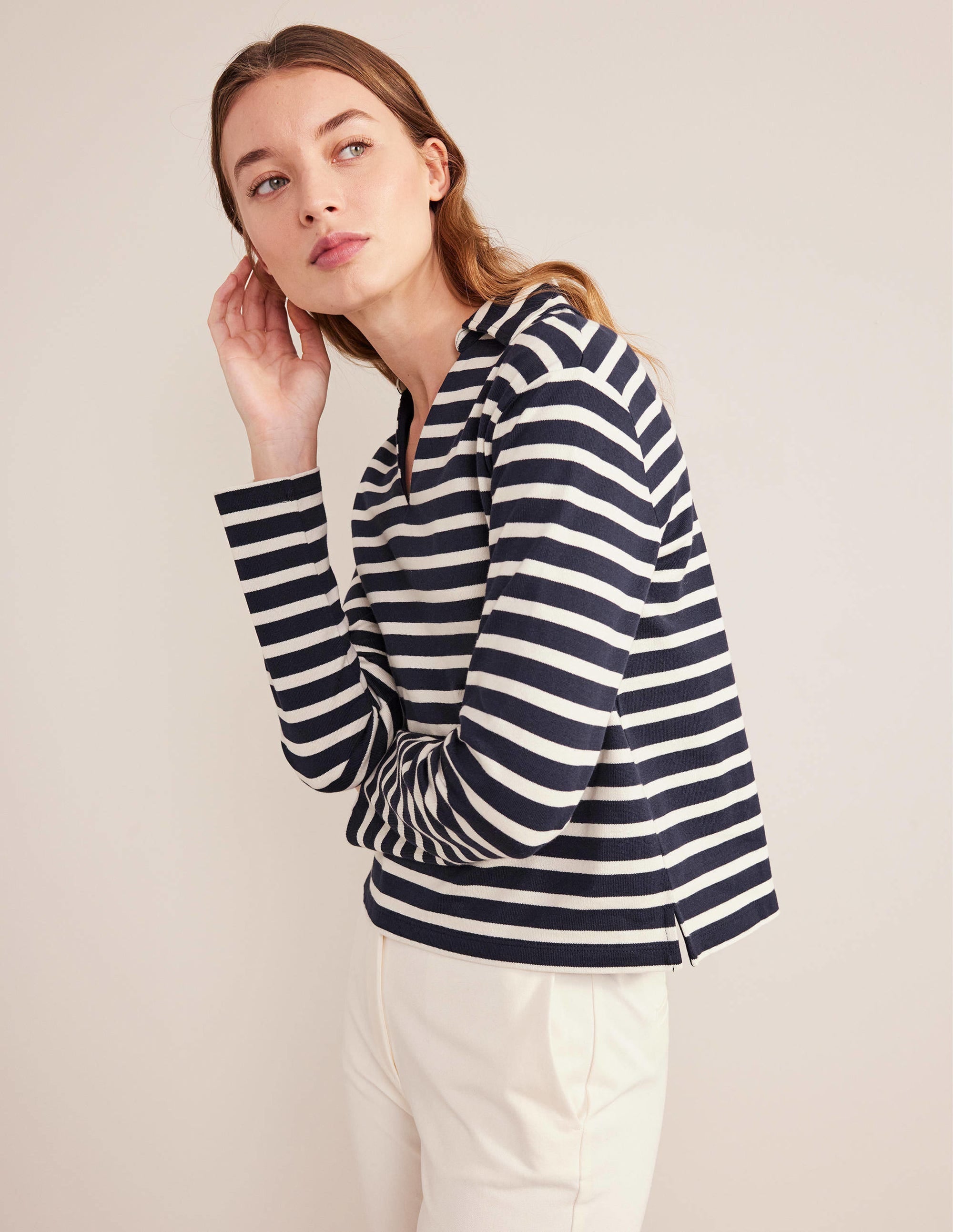 Notch Collar Stripe Top-Navy/Ivory Stripe - Image 1