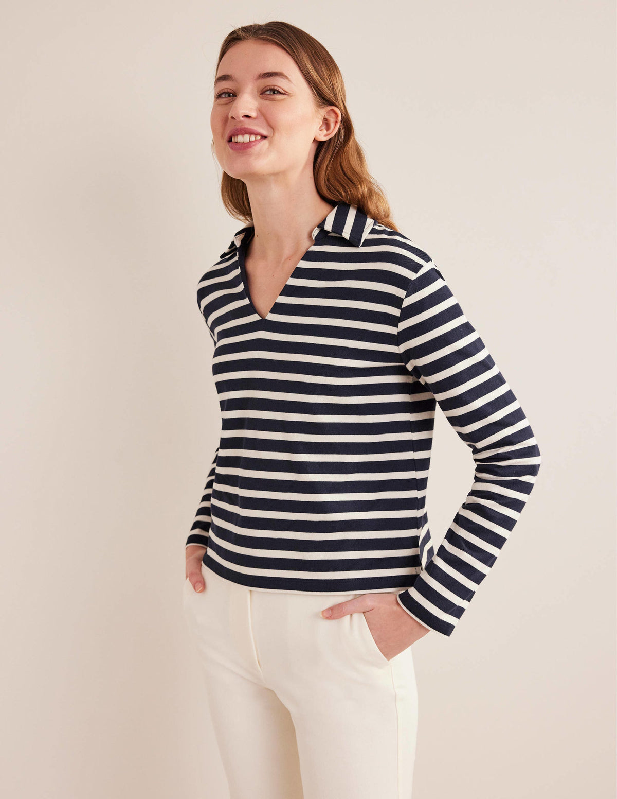 Notch Collar Stripe Top-Navy/Ivory Stripe-4