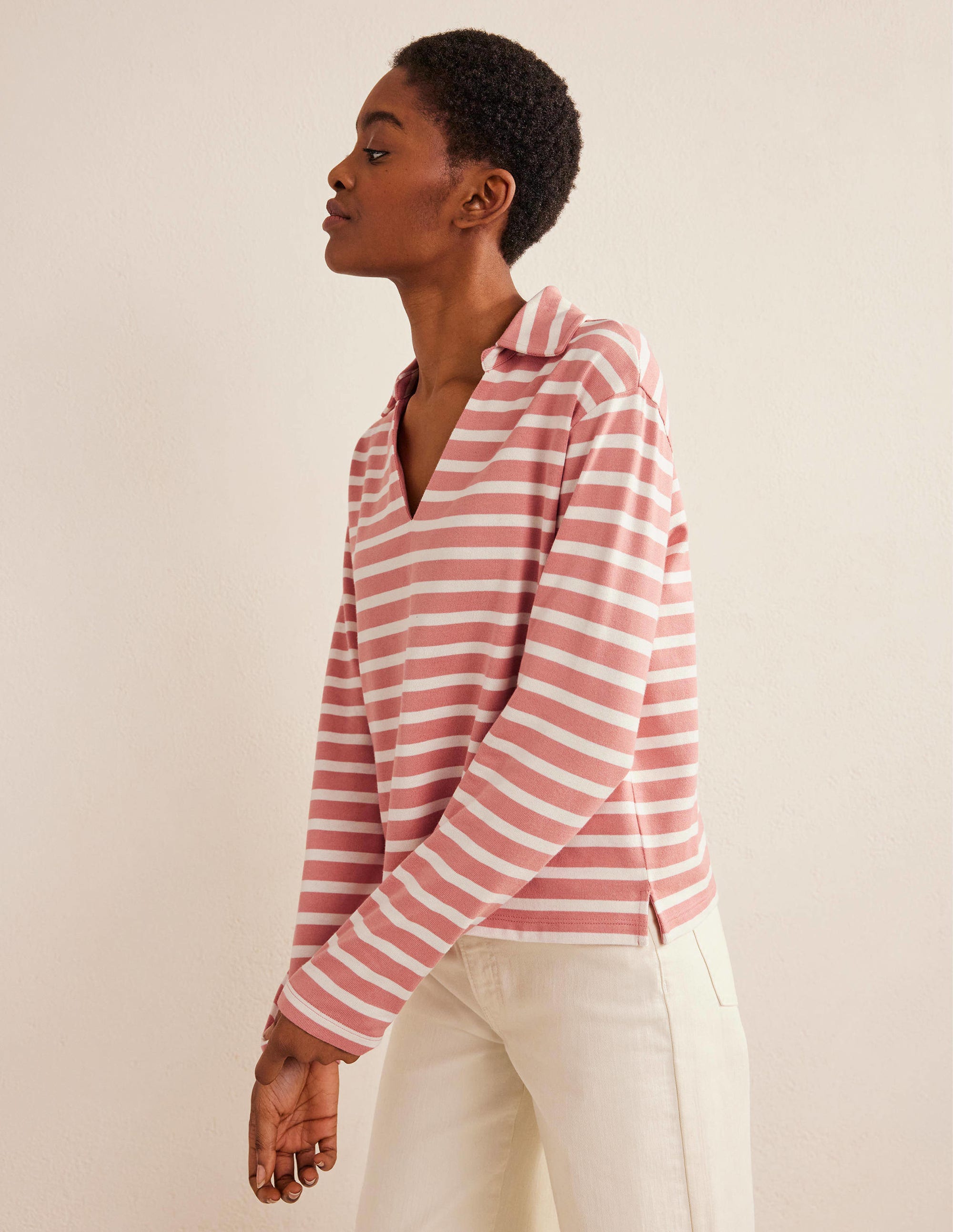Notch Collar Stripe Top-Rose Pink/Ivory - Image 1