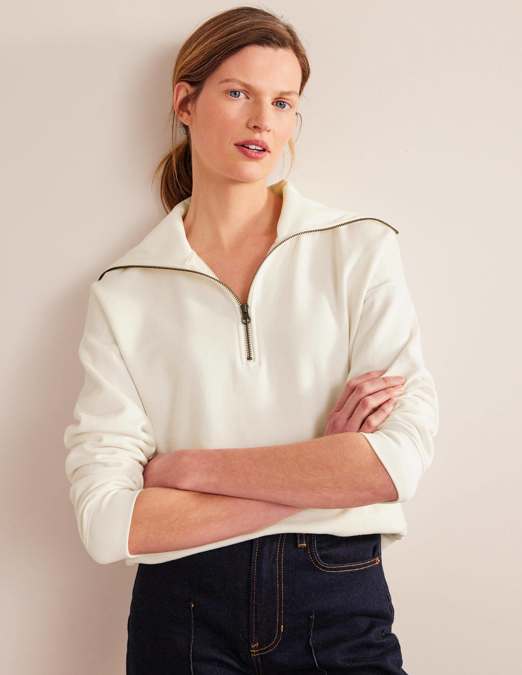 Funnel Neck Zip Sweatshirt-Ivory - Image 1