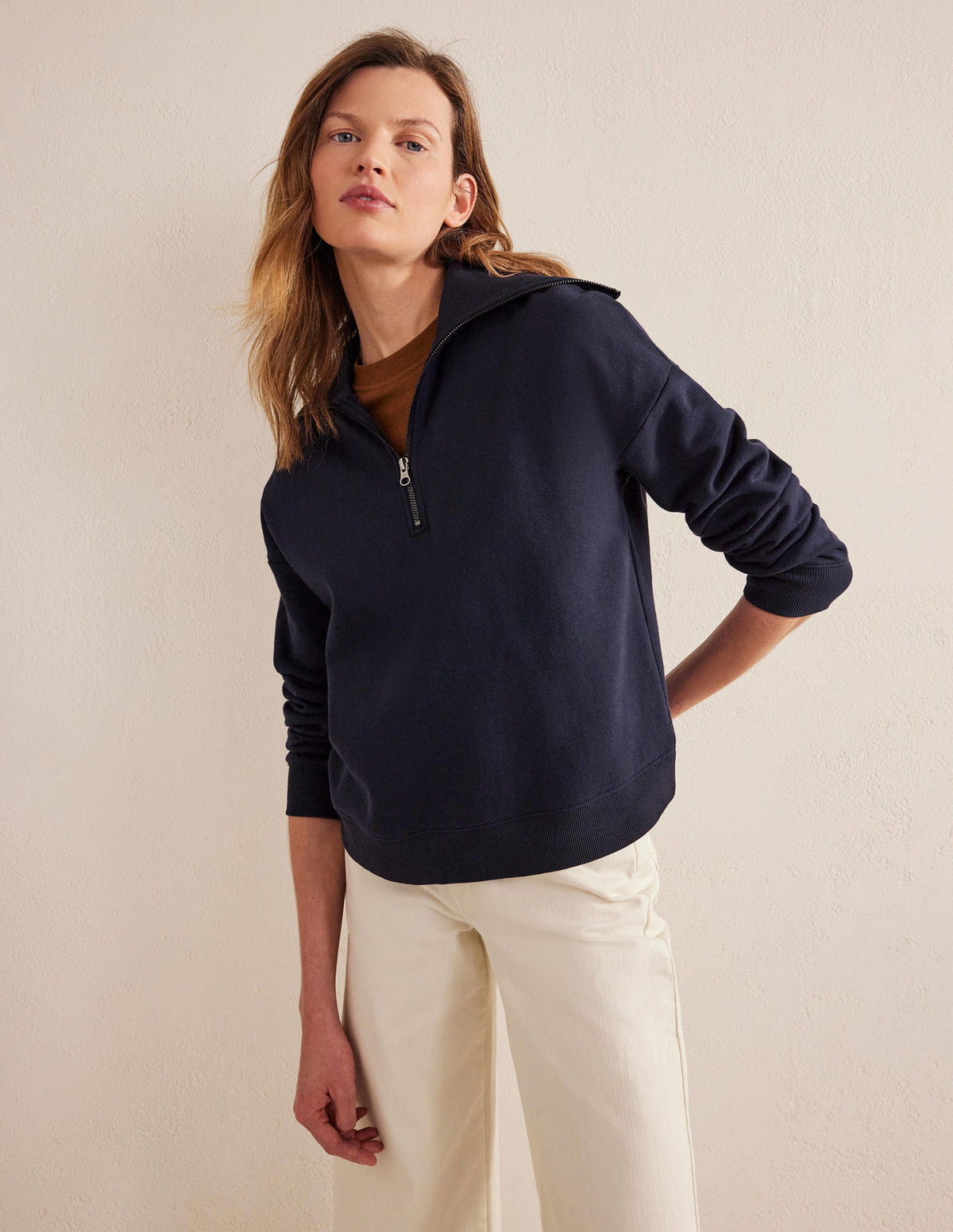 Funnel Neck Zip Sweatshirt-Navy - Image 1