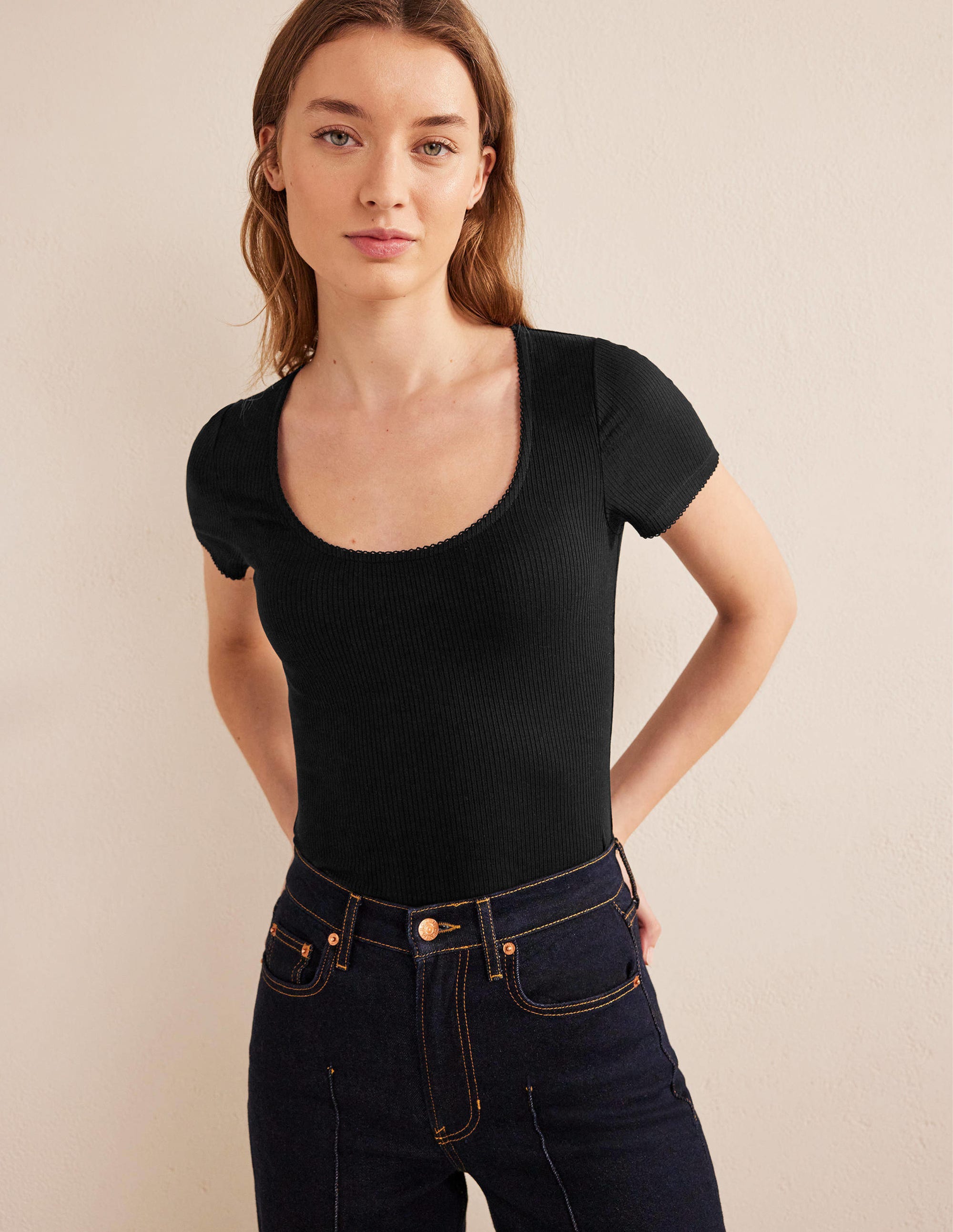 Scoop Neck Ribbed Top-Black - Image 4