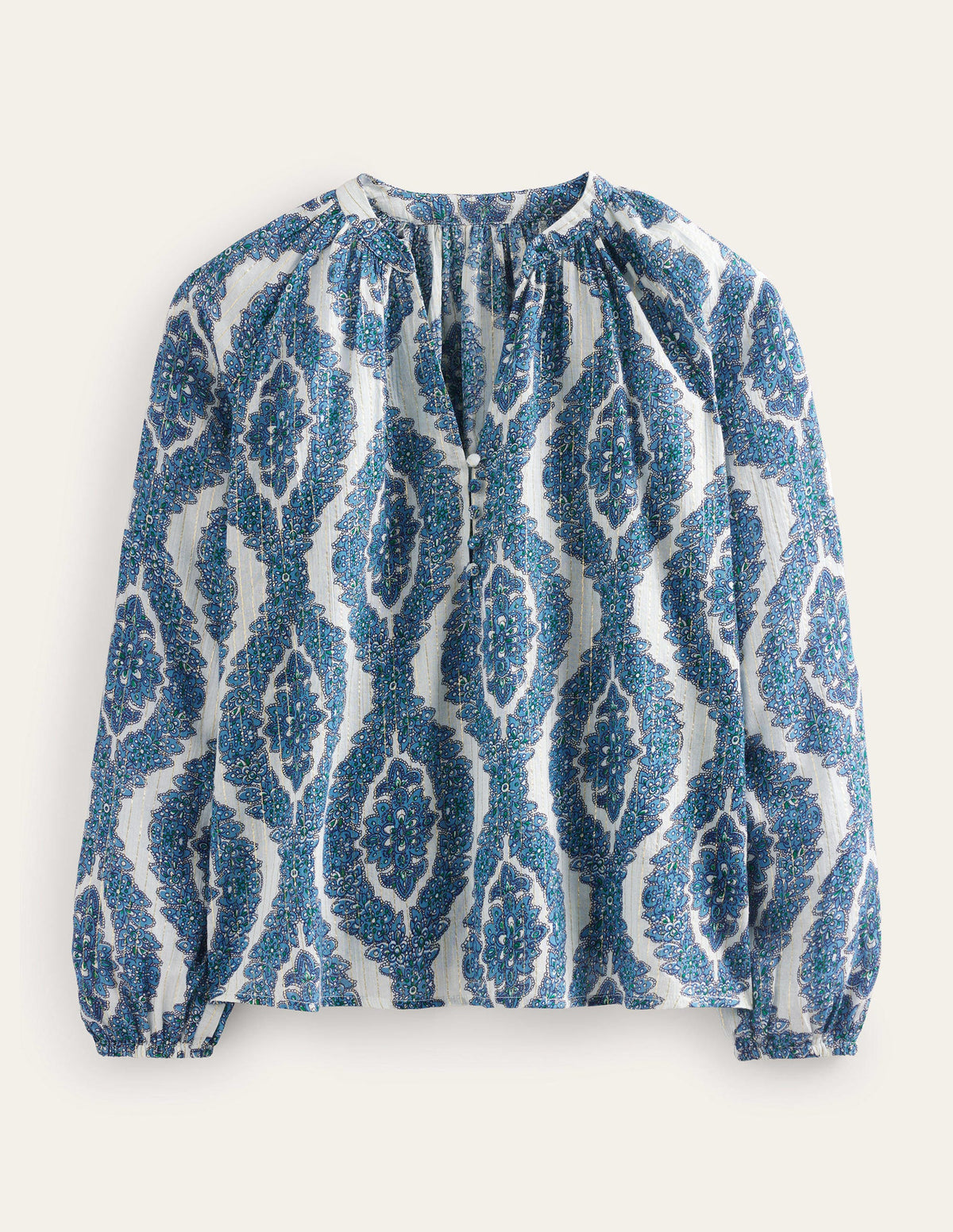 Printed Notch-Neck Sparkle Top-Blue, Botanic Wreath - Image 5